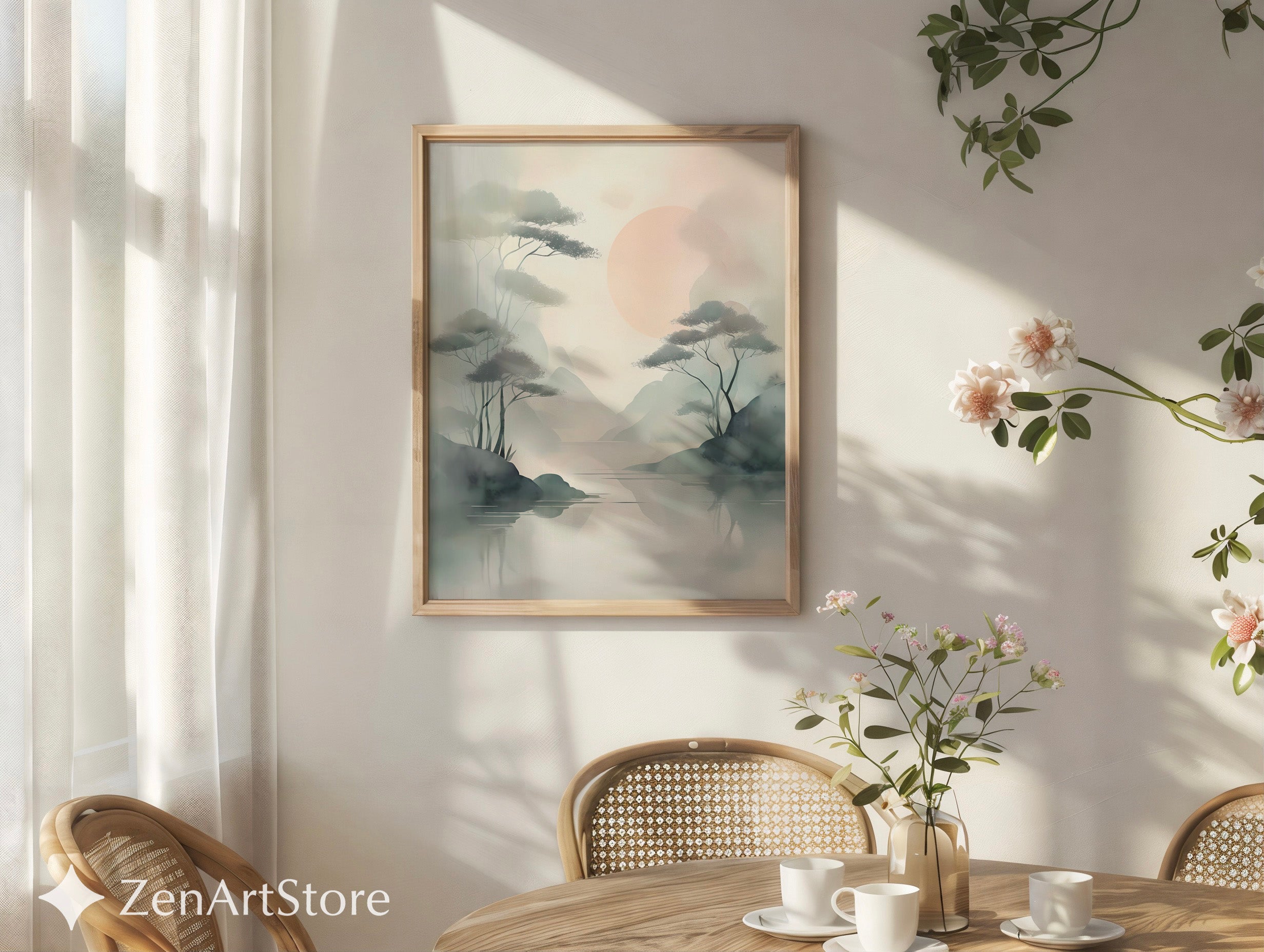 Misty Zen Landscape Print - Minimal Japandi Wall Art with Blush Sun and Tree Reflections - Wabi Sabi Neutral Home Decor