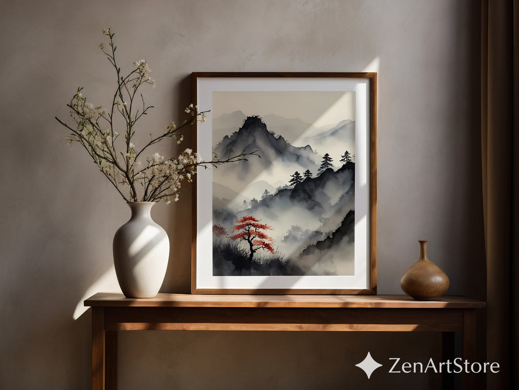 Misty Mountain Sumi-e Print with Red Maple – Zen Minimal Japandi Wall Art, Neutral Wabi-Sabi Landscape for Living Room