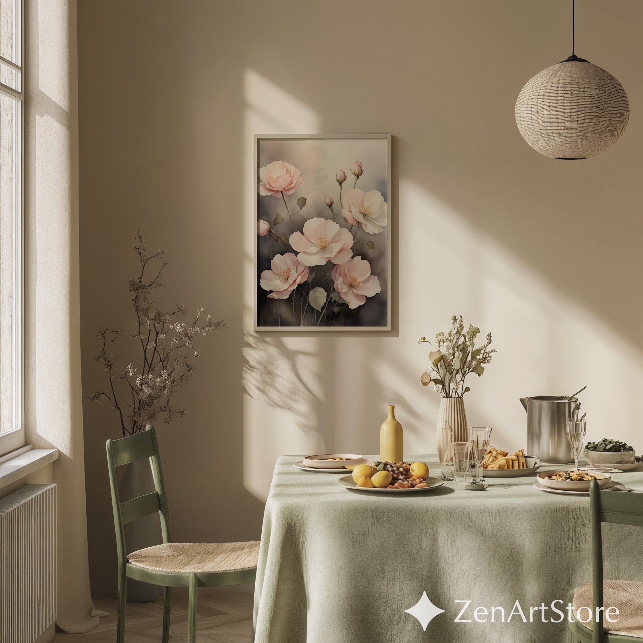 Blush Pink Poppies Floral Wall Art Print - Minimal Botanical Print, Neutral Scandinavian Japandi Home Decor