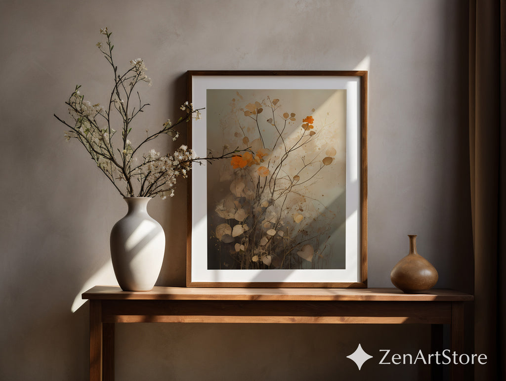 Neutral Botanical Wall Art with Orange Accent – Minimal Abstract Floral Print for Japandi, Wabi Sabi & Scandinavian Home Decor