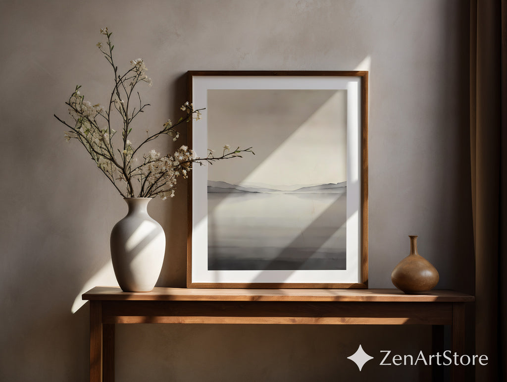 Minimal Neutral Landscape Wall Art - Misty Lake with Layered Hills - Japandi Scandinavian Zen Print for Living Room Bedroom