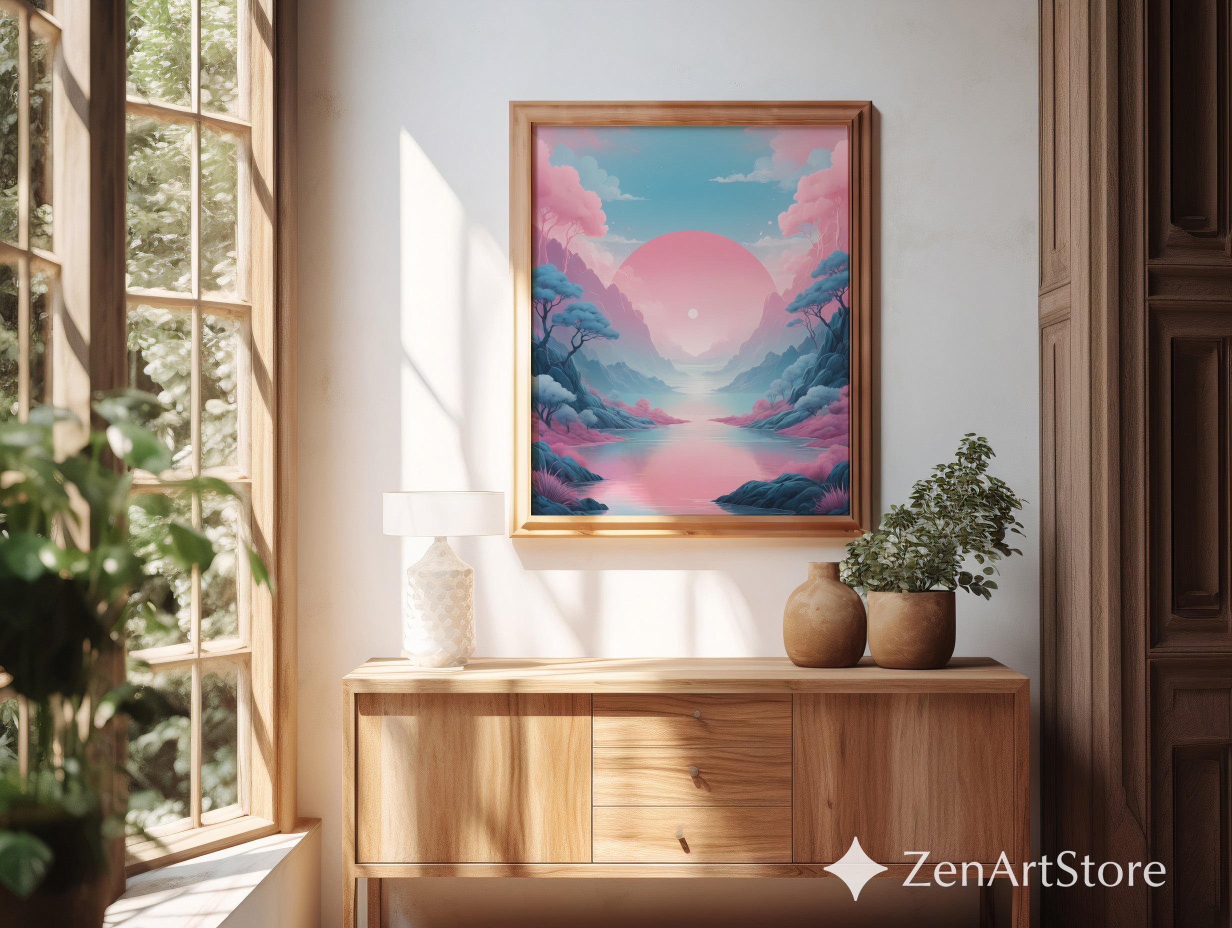 Pastel Sunrise Landscape Wall Art - Pink & Blue Minimal Zen Print for Living Room, Bedroom Japandi Home Decor