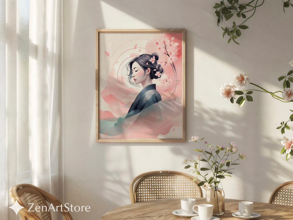 Serene Sakura Portrait Print - Japandi Minimal Cherry Blossom Wall Art, Zen Pastel Home Decor