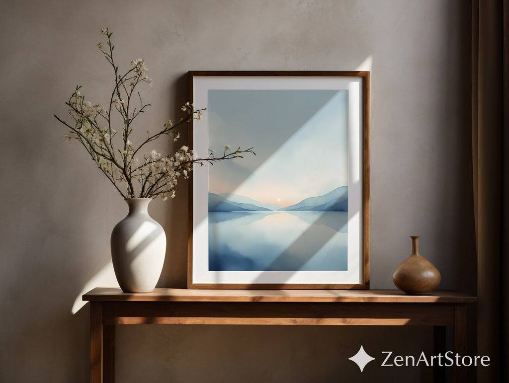 Minimal Blue Landscape Wall Art Calm Sunrise Lake Print - Japandi Scandinavian Abstract Printable & Framed Home Decor