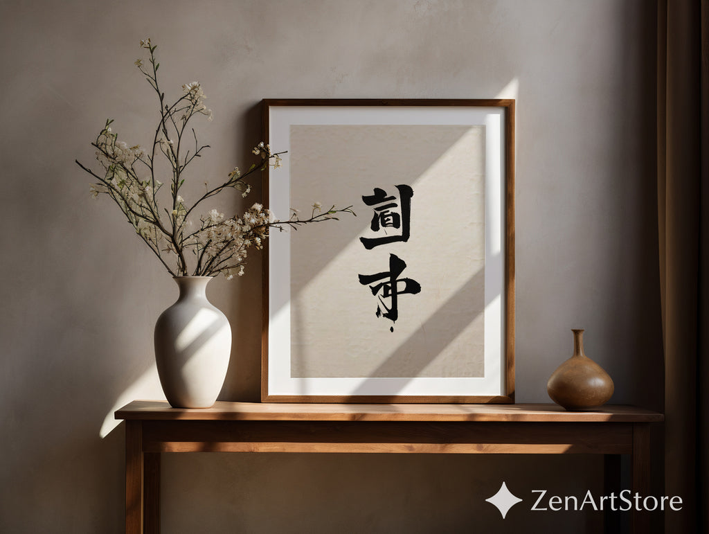 Minimal Japanese Calligraphy Wall Art Print | Zen Black Ink Kanji on Textured Beige Paper | Wabi-Sabi Japandi Neutral Home Decor