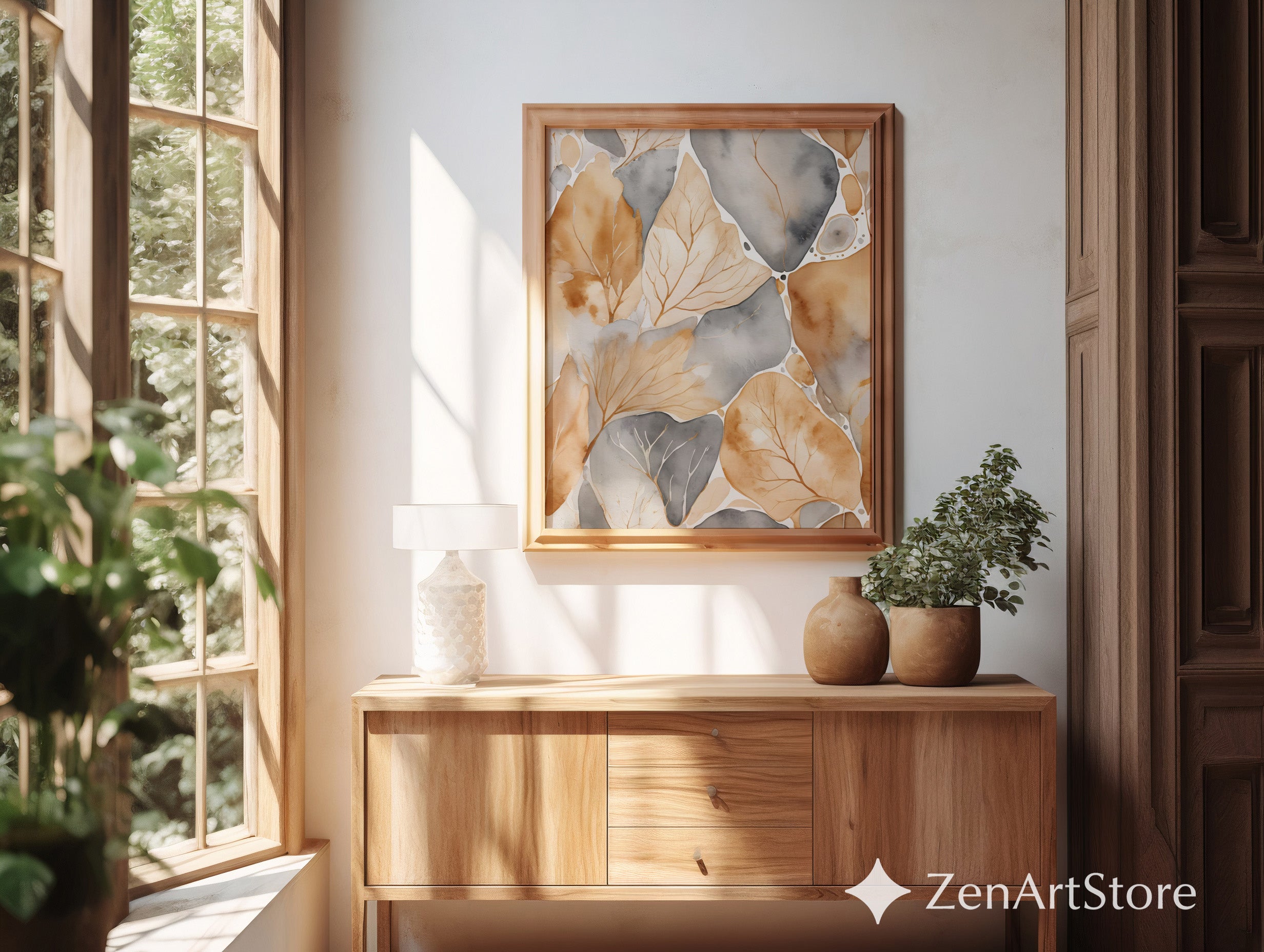 Neutral Botanical Watercolor Leaf Art Print - Beige Gray Abstract Wall Decor