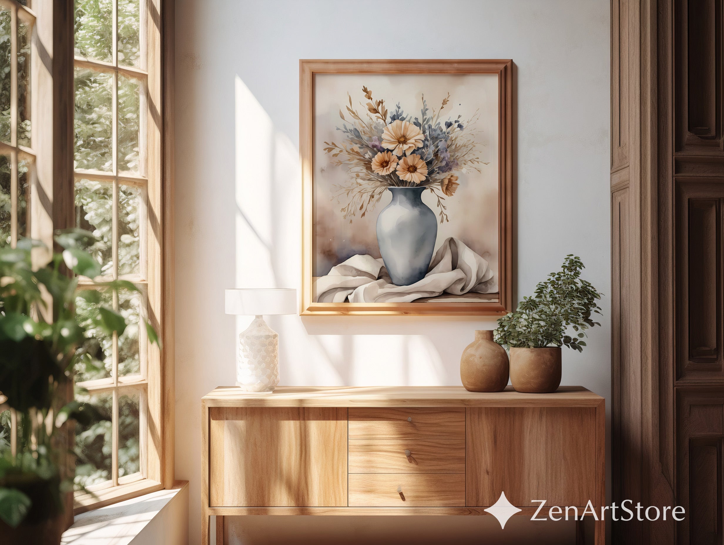 Neutral Floral Vase Art Print - Japandi Wabi Sabi Beige Botanical Wall Decor, Minimal Scandinavian Home Accent