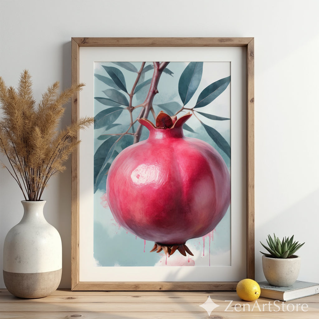 Pomegranate Wall Art Print - Botanical Fruit Still Life, Modern Minimalist Kitchen & Dining Decor, Japandi Wabi Sabi Scandi Style