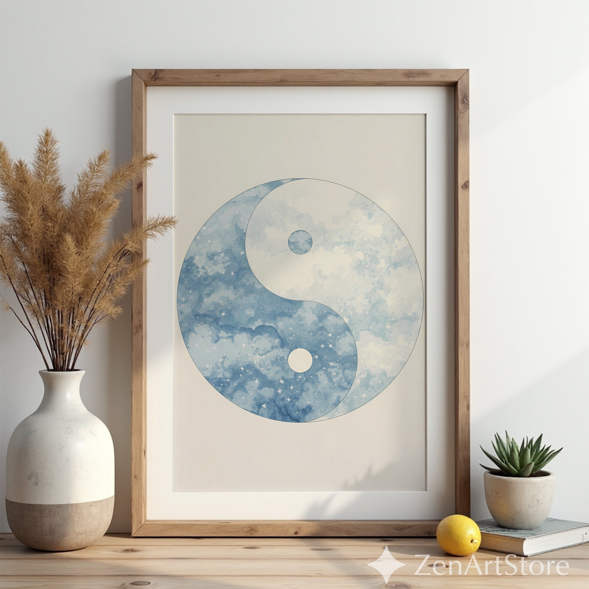 Blue Yin Yang Watercolor Print – Minimal Celestial Wall Art, Zen Japandi Neutral Home Decor