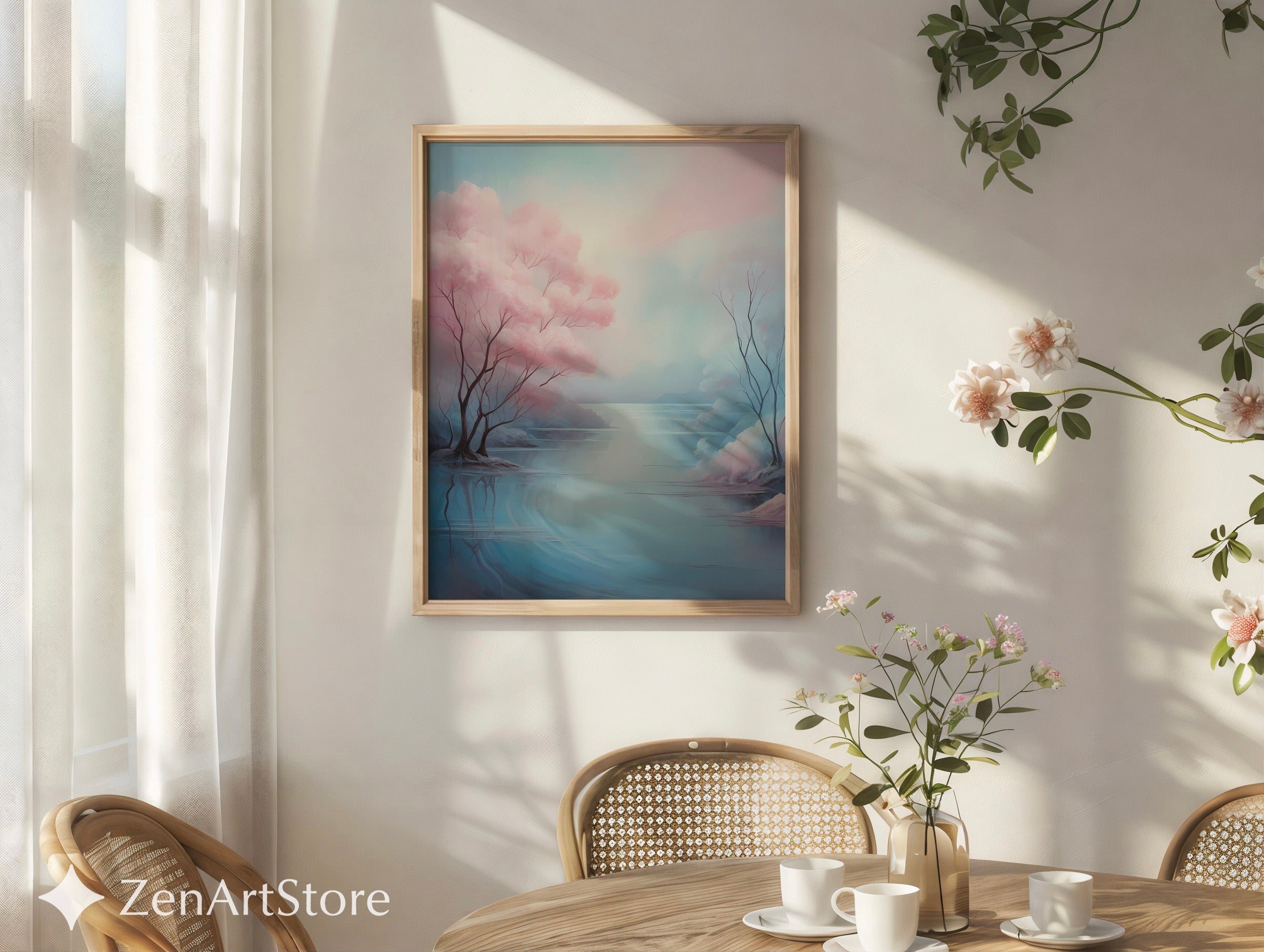Serene Pastel Landscape Art Print - Pink Tree Lake Wall Art, Zen Minimal Japandi Home Decor
