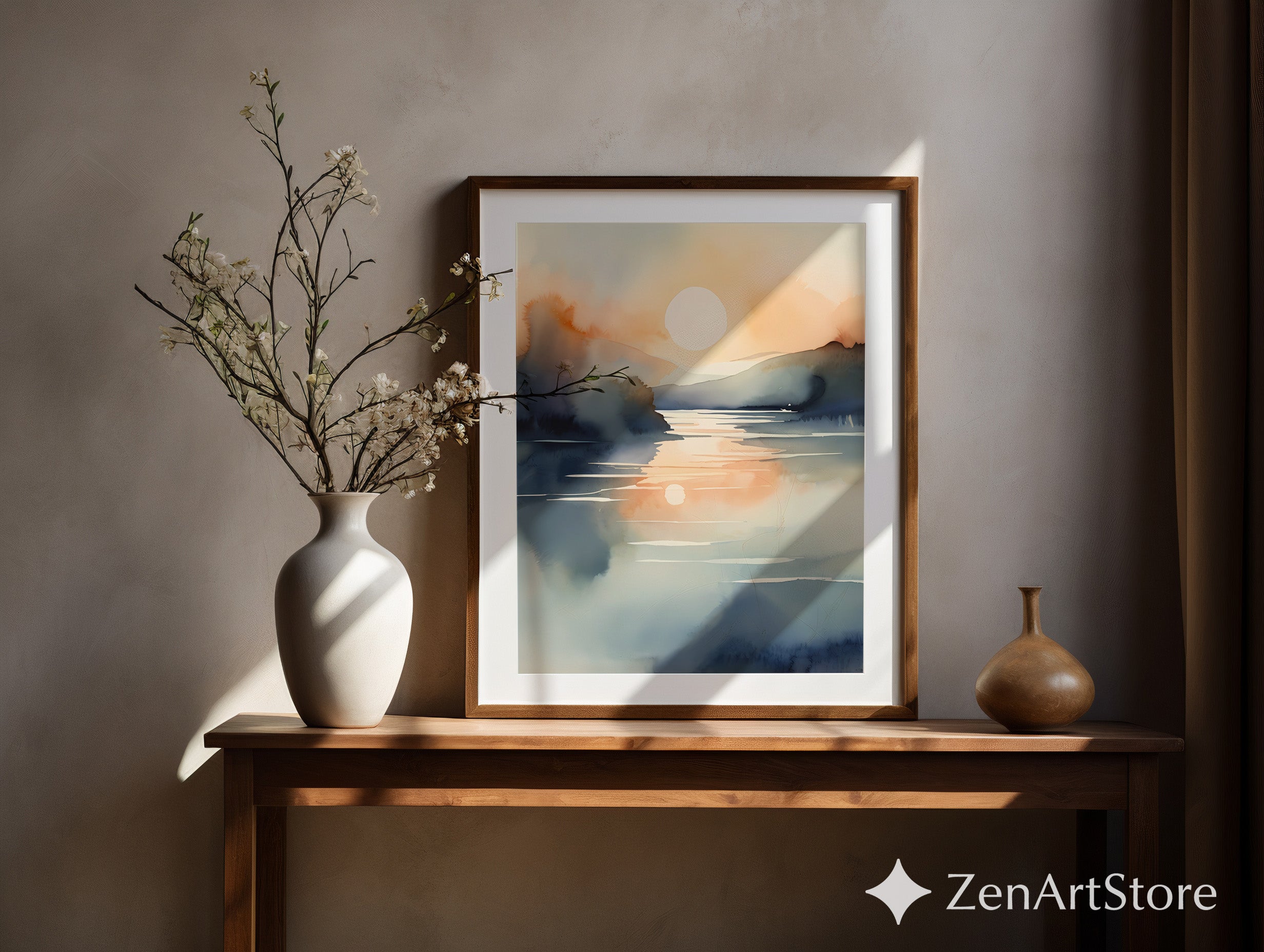 Serene Watercolor Sunset Lake Print – Minimal Neutral Landscape Art for Living Room, Bedroom, Japandi Decor