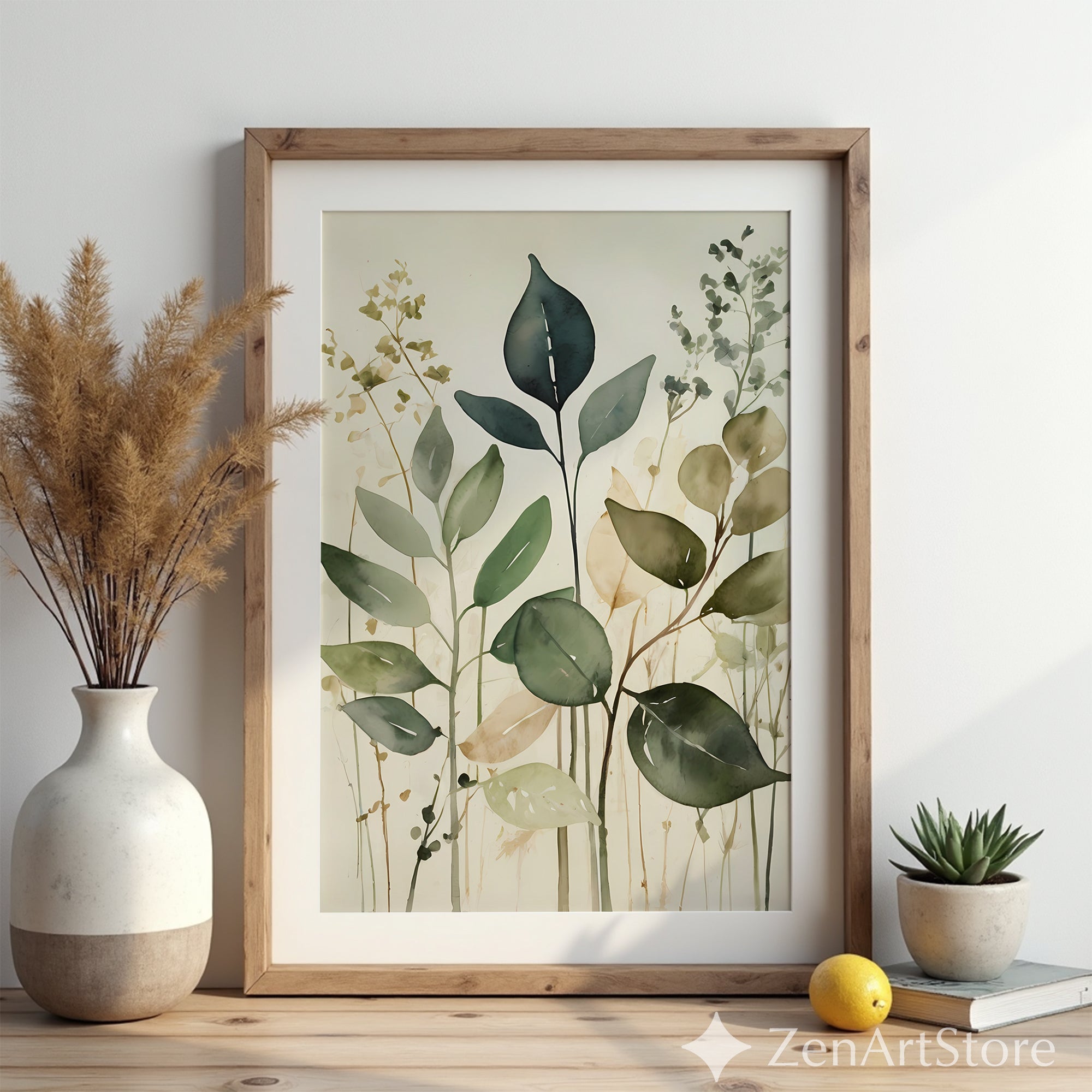 Neutral Botanical Watercolor Print - Minimal Green Leaf Wall Art for Japandi Wabi Sabi Home Decor