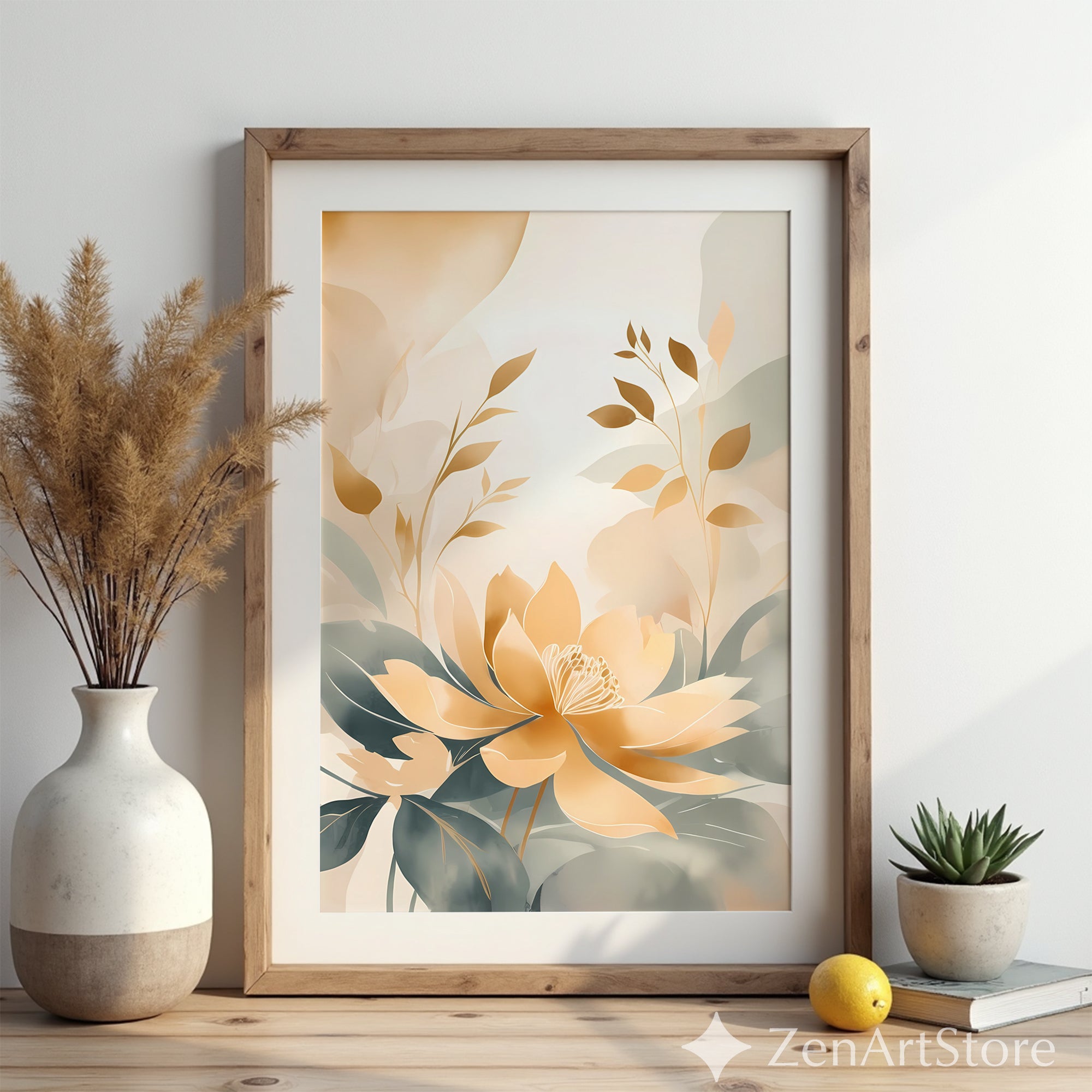 Golden Lotus Botanical Wall Art - Neutral Beige & Sage Floral Print, Japandi Minimalist Abstract Flower Poster