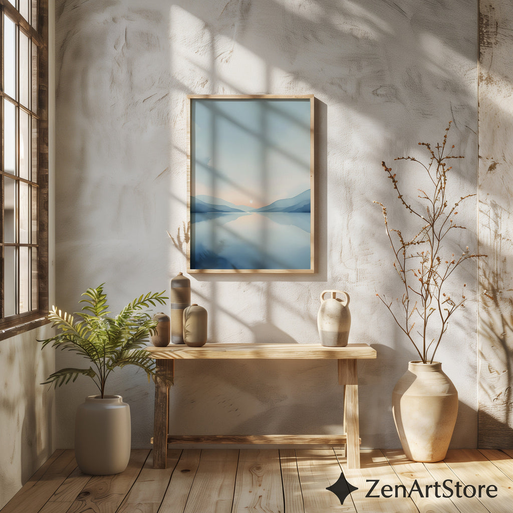Minimal Blue Landscape Wall Art Calm Sunrise Lake Print - Japandi Scandinavian Abstract Printable & Framed Home Decor