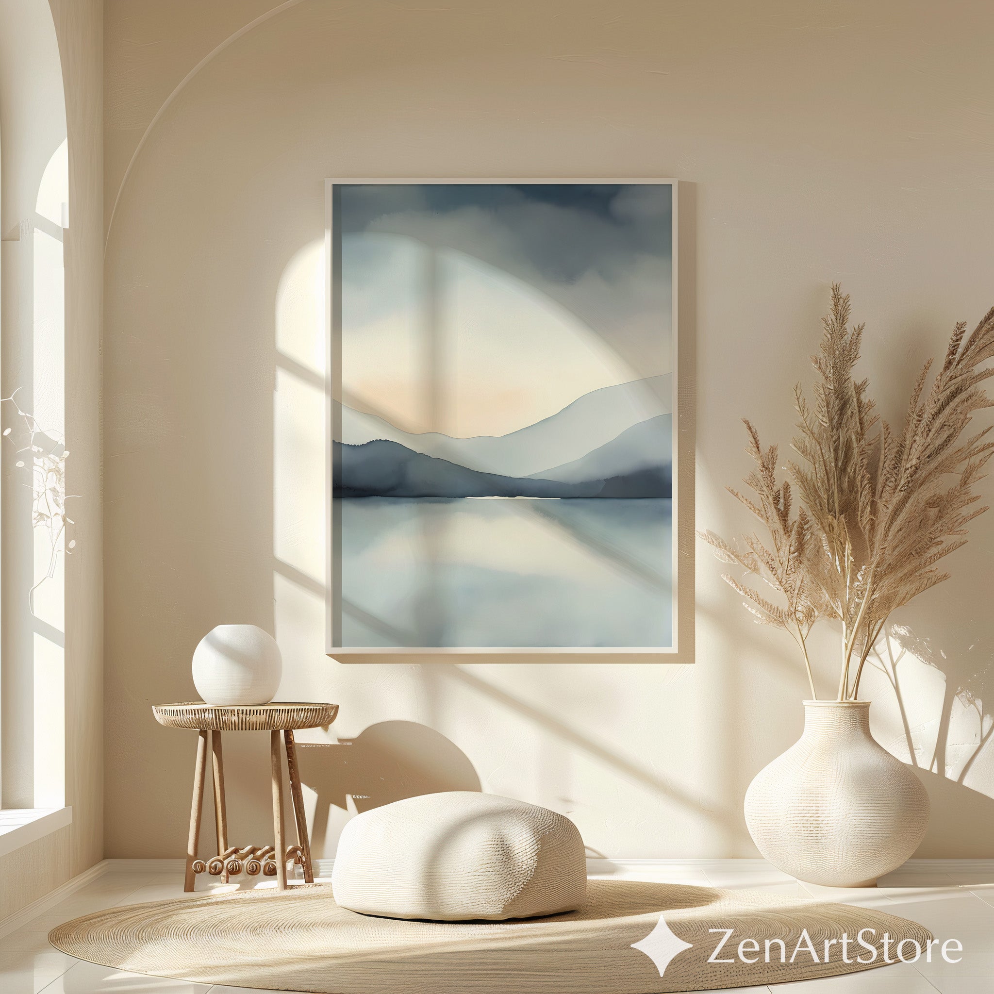 Zen Minimal Japanese Mountain Lake Printable Wall Art - Calm Abstract Landscape