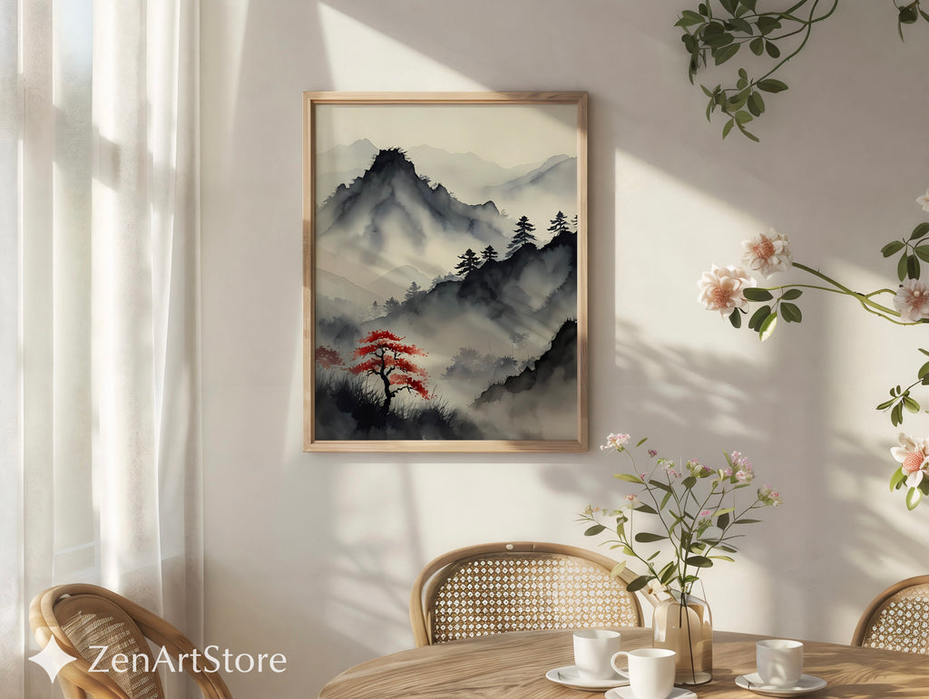 Misty Mountain Sumi-e Print with Red Maple – Zen Minimal Japandi Wall Art, Neutral Wabi-Sabi Landscape for Living Room