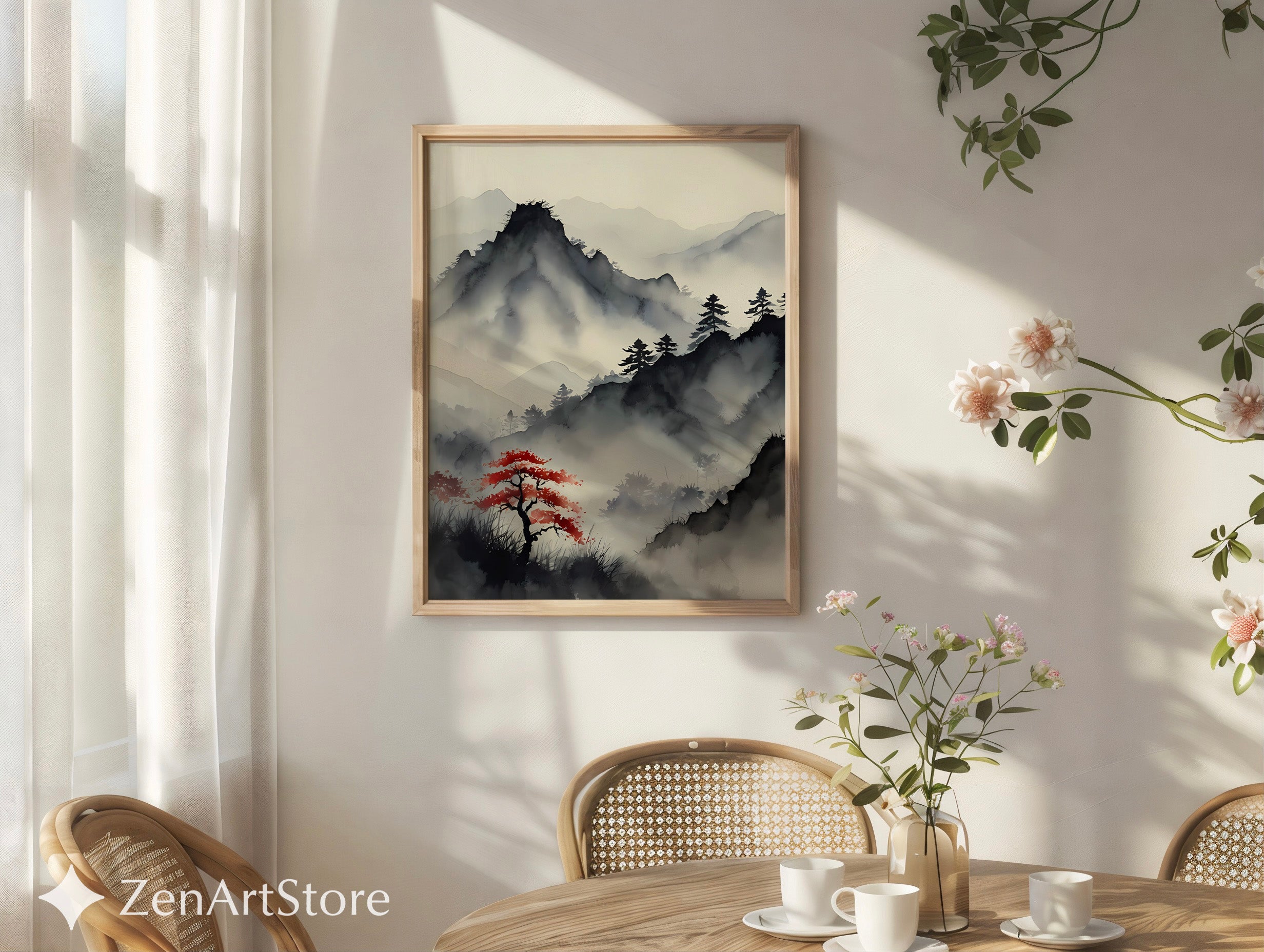 Misty Mountain Sumi-e Print with Red Maple – Zen Minimal Japandi Wall Art, Neutral Wabi-Sabi Landscape for Living Room