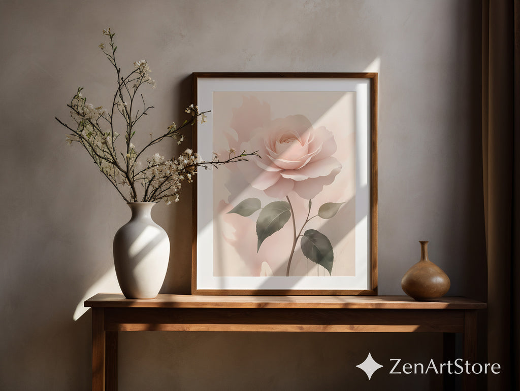 Blush Rose Wall Art Print - Soft Pastel Botanical Rose, Minimal Floral Nursery & Bedroom Decor, Neutral Modern Printable