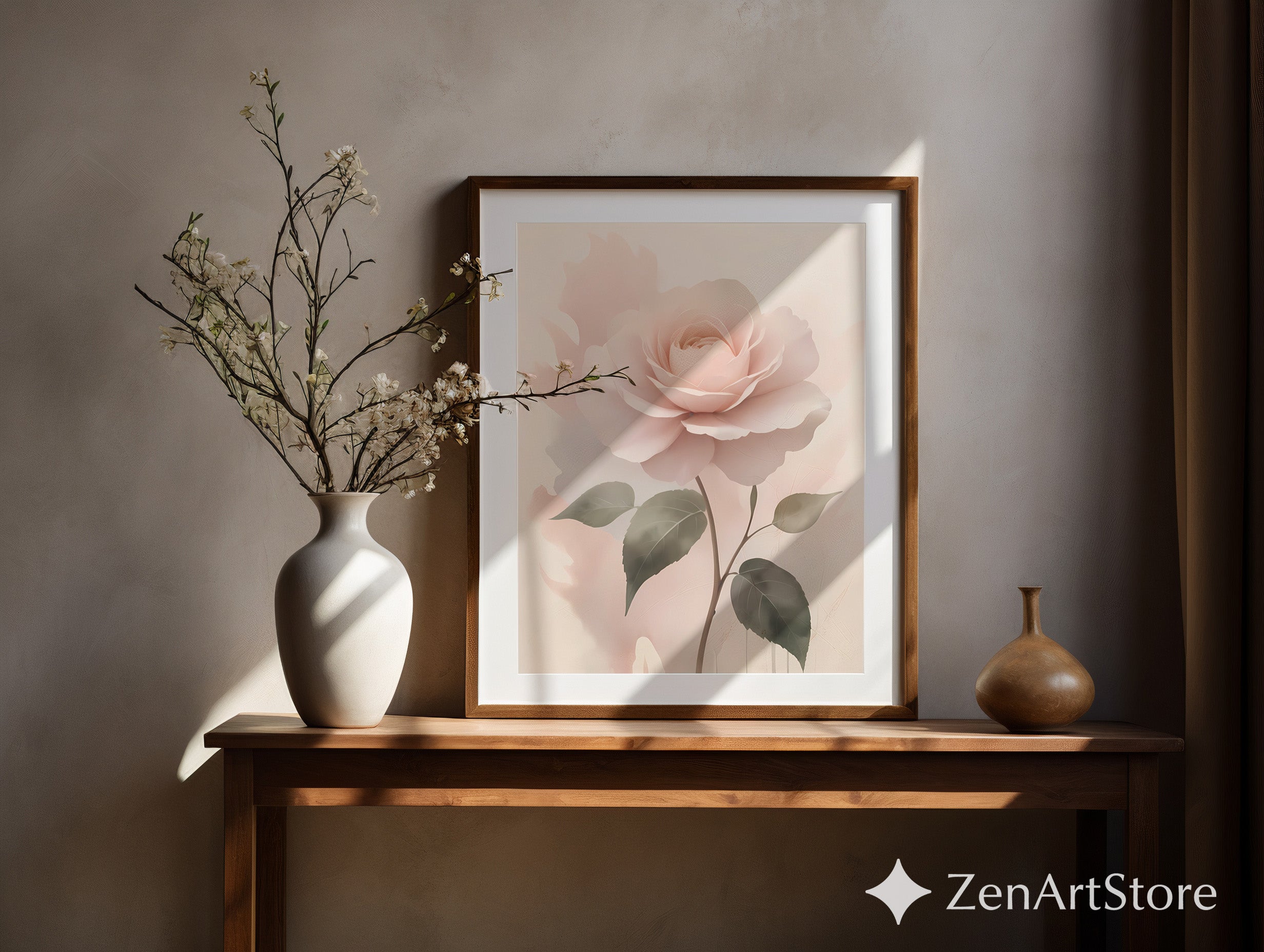 Blush Rose Wall Art Print - Soft Pastel Botanical Rose, Minimal Floral Nursery & Bedroom Decor, Neutral Modern Printable