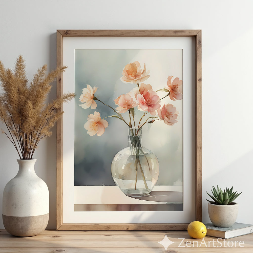 Soft Peach Floral Vase Print - Minimal Botanical Wall Art for Japandi & Scandinavian Neutral Home Decor