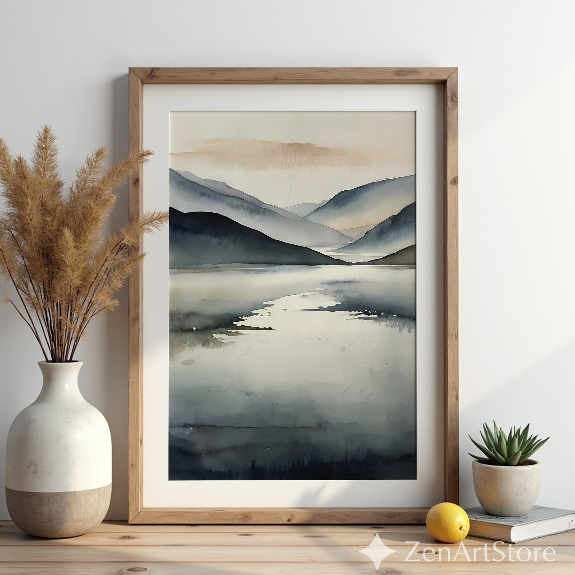 Minimal Abstract Mountain Lake Print - Neutral Japandi Wall Art, Calm Scandinavian Landscape