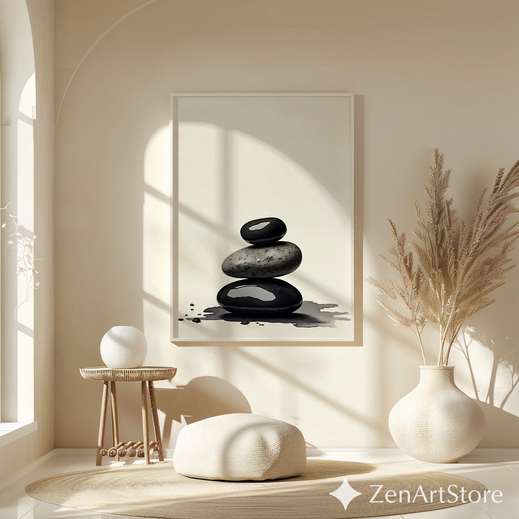 Zen Stone Stack Print - Minimal Black & Beige Spa Wall Art, Wabi Sabi Japandi Neutral Home Decor