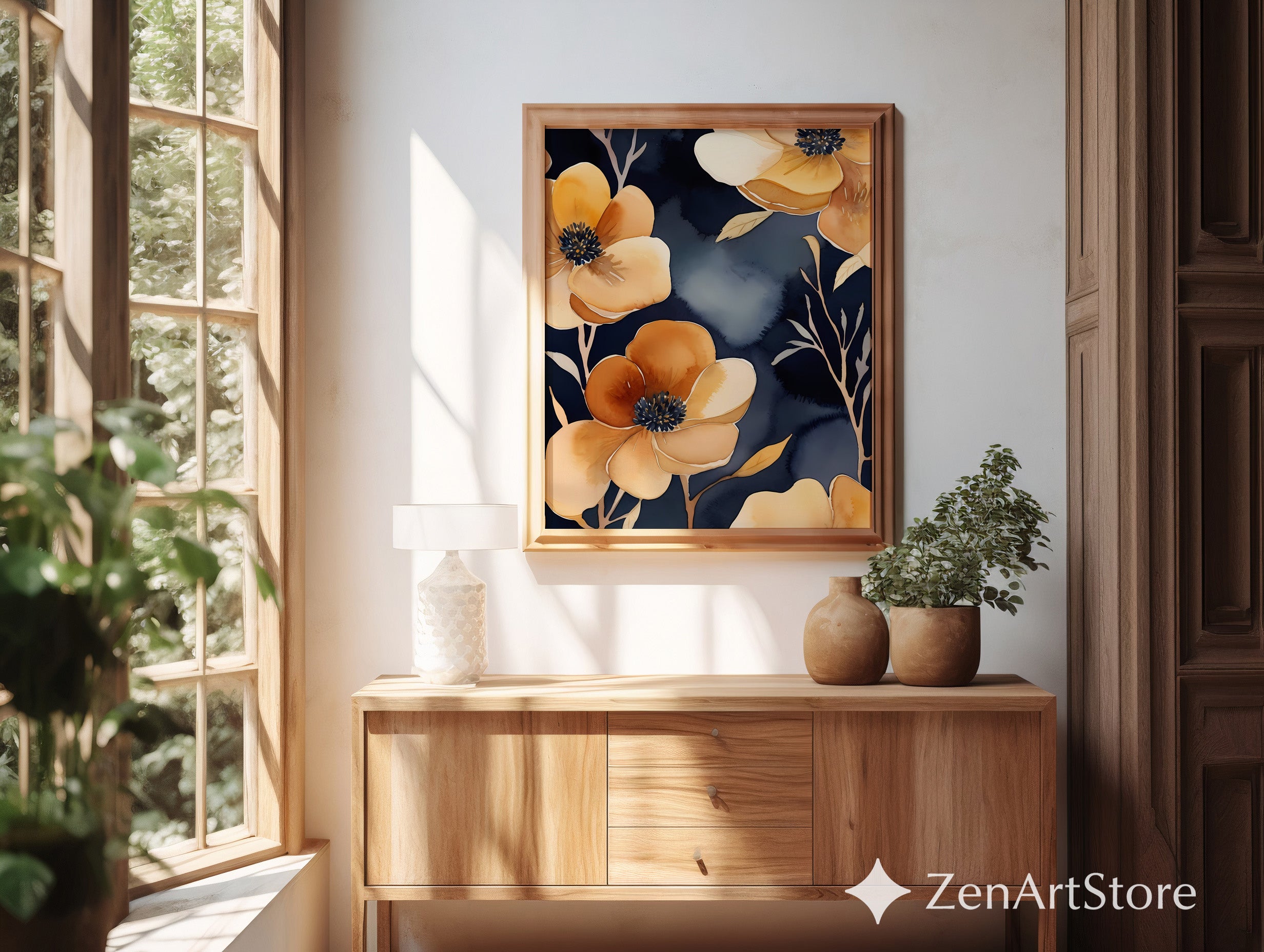 Navy and Gold Floral Wall Art Printable, Modern Botanical Watercolor Canvas, Minimalist Beige Flower Home Decor