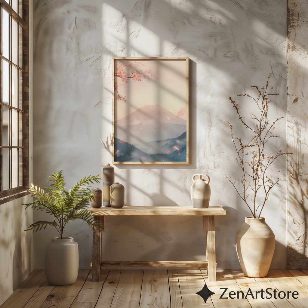 Sakura Mist Pastel Japanese Mountain Wall Art - Cherry Blossom Zen Print for Living Room, Japandi Minimal Home Decor