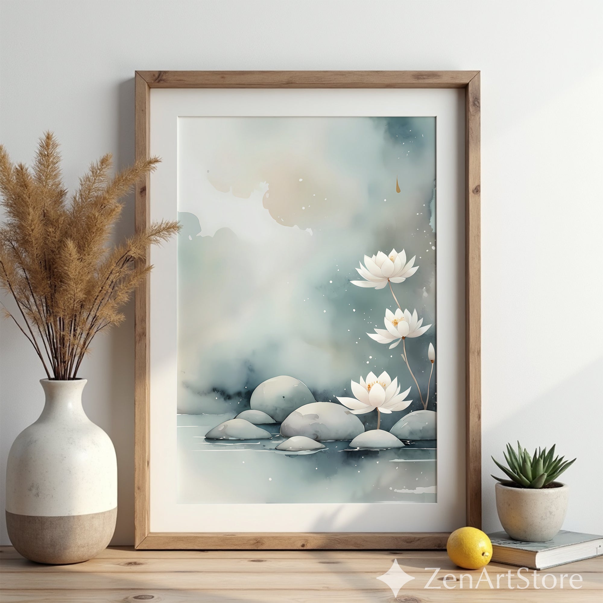 Serene Lotus Watercolor Wall Art – Minimal Zen Botanical Print for Japandi, Scandinavian & Neutral Home Decor