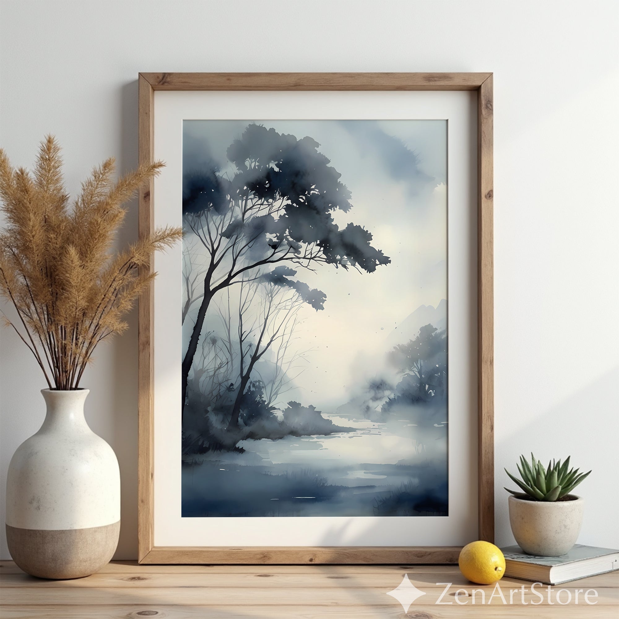 Misty Blue-Gray Watercolor Landscape Print - Zen Minimalist Japandi Wall Art for Living Room, Bedroom, Office