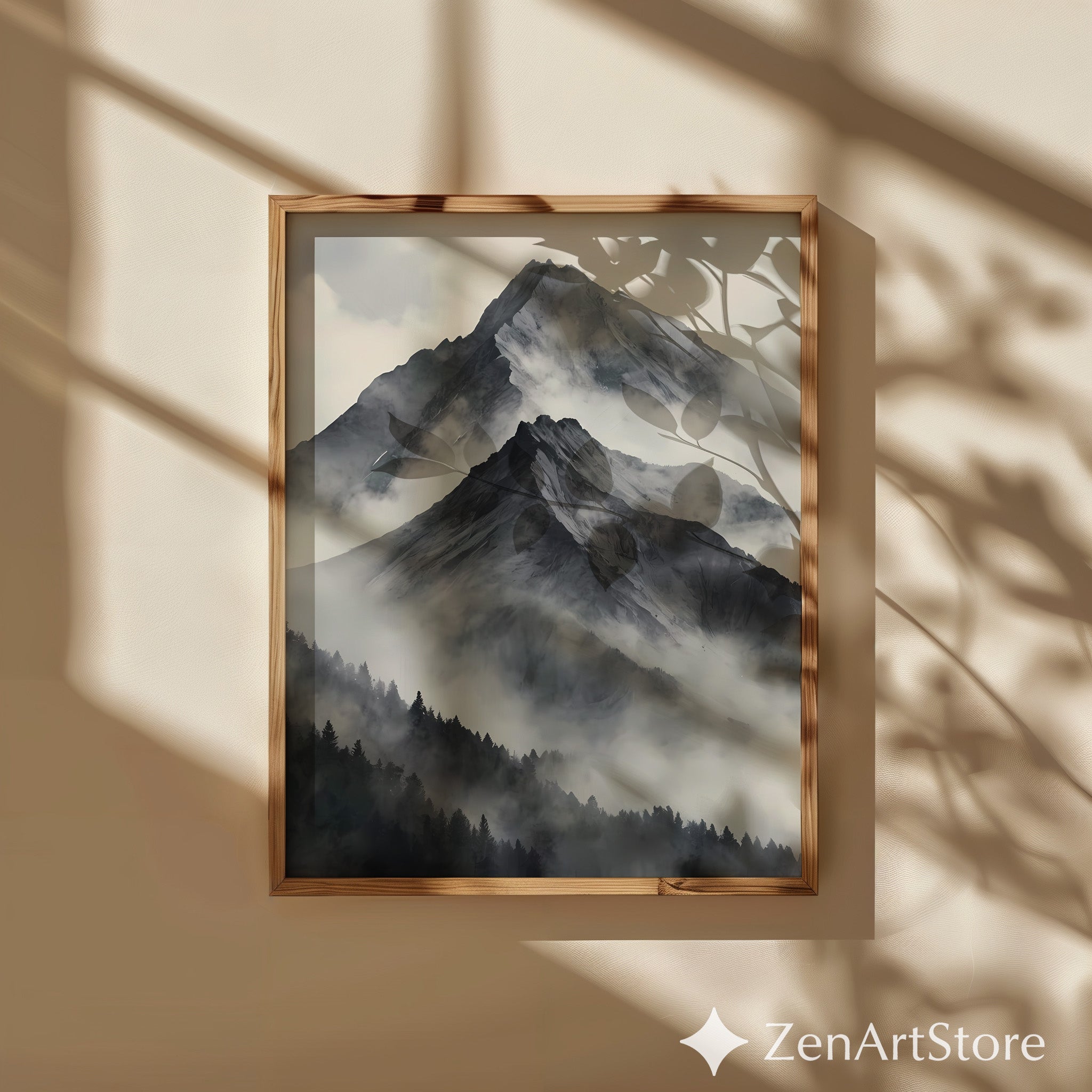 Misty Mountain Wall Art - Minimal Black & White Landscape Print, Japandi Scandinavian Neutral Mountain Decor for Living Room & Bedroom