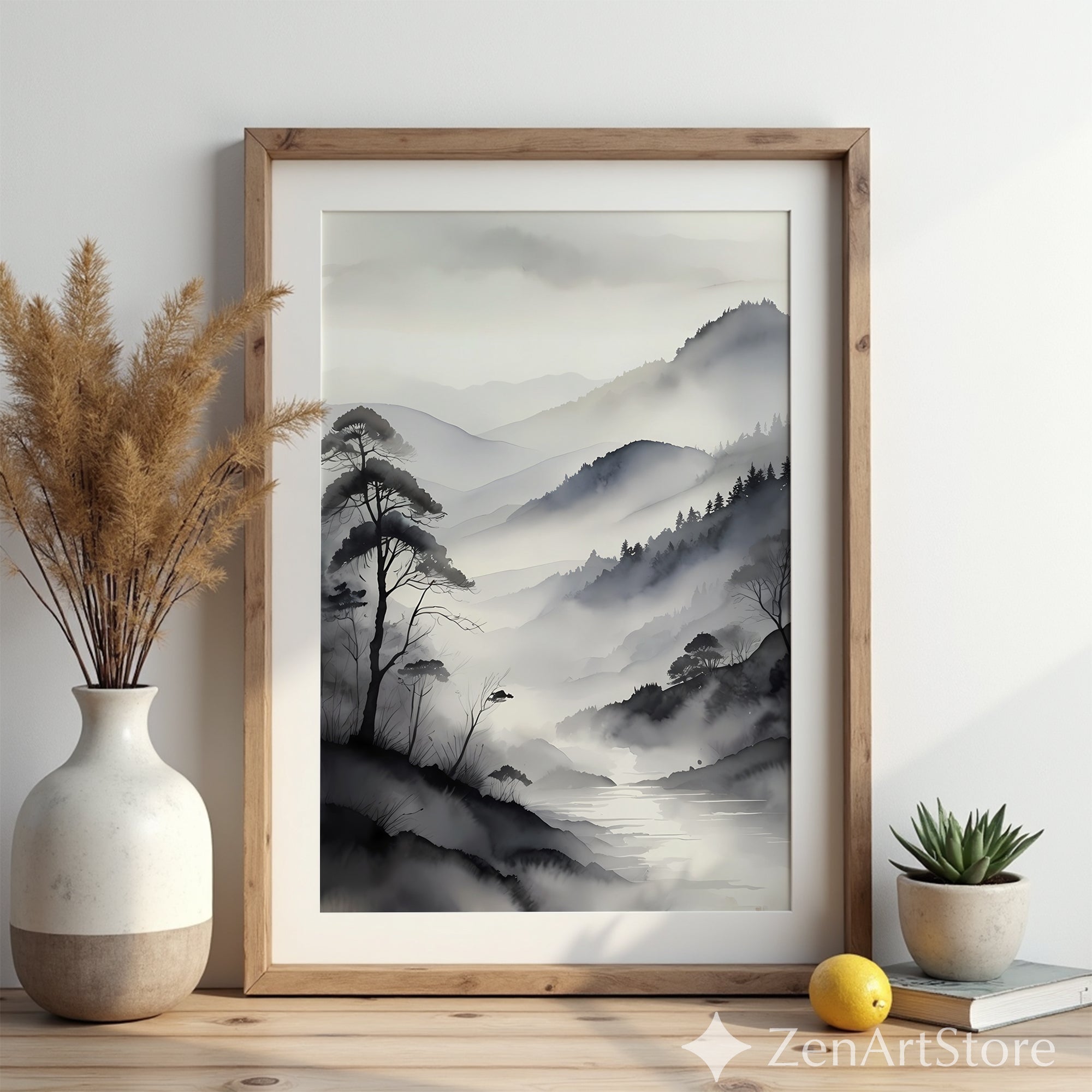 Misty Mountain Sumi-e Print - Minimal Zen Landscape Wall Art, Japandi Monochrome Canvas or Digital Download