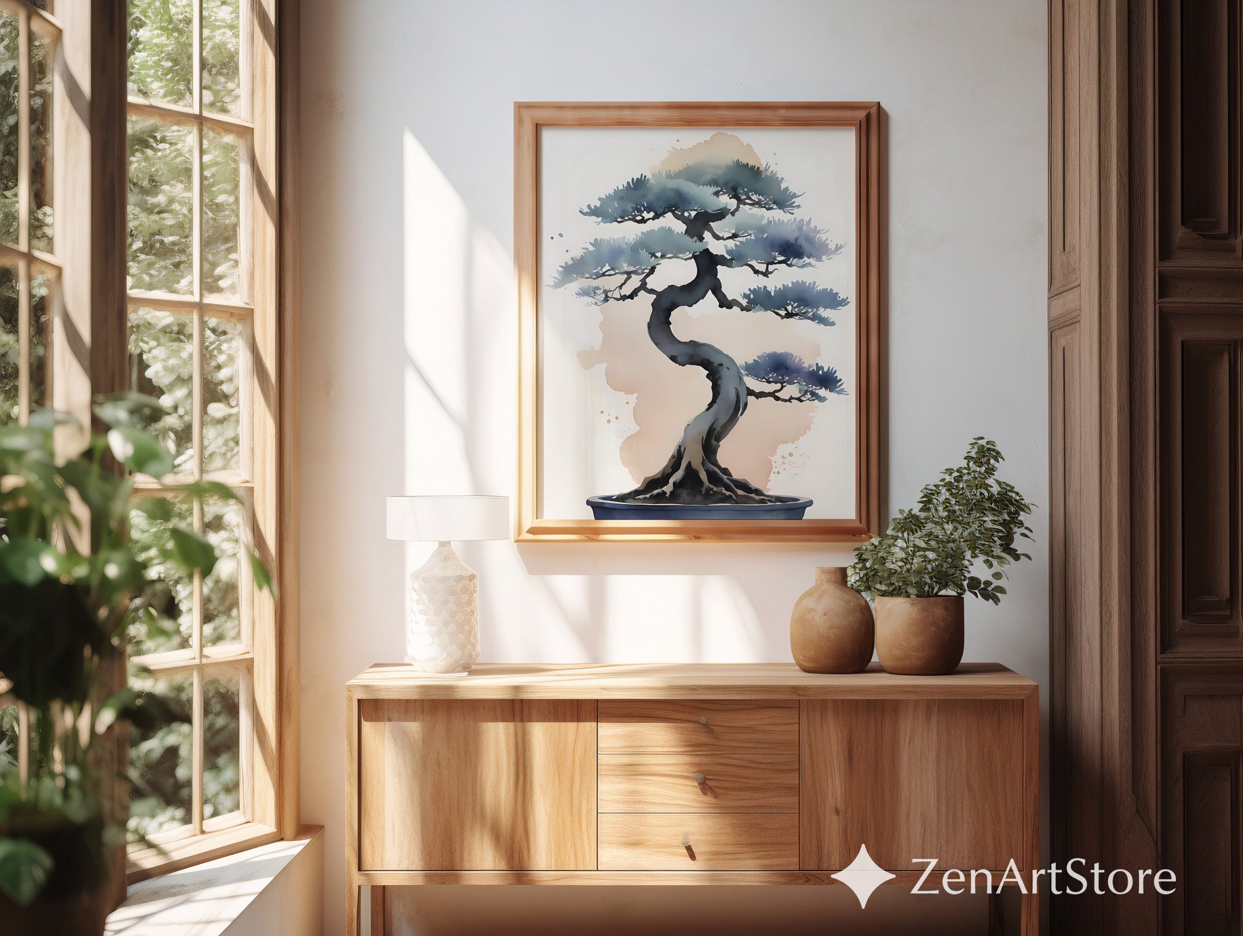 Minimal Bonsai Watercolor Art Print - Japandi Zen Wall Decor, Neutral Blue Beige Botanical Painting for Modern Home