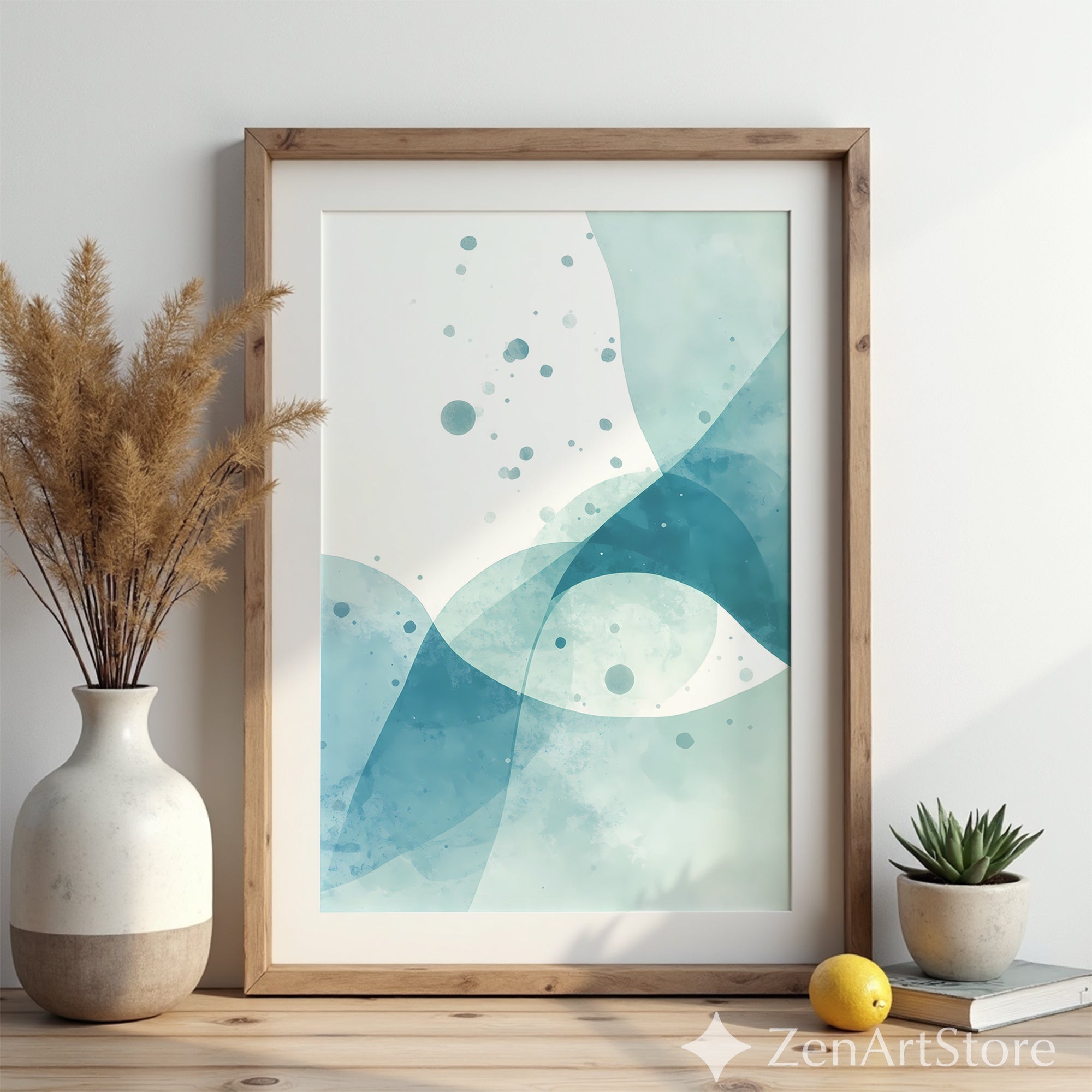 Teal Abstract Watercolor Art Print - Minimal Blue Modern Wall Art for Living Room, Bedroom, Japandi Wabi Sabi Home Decor