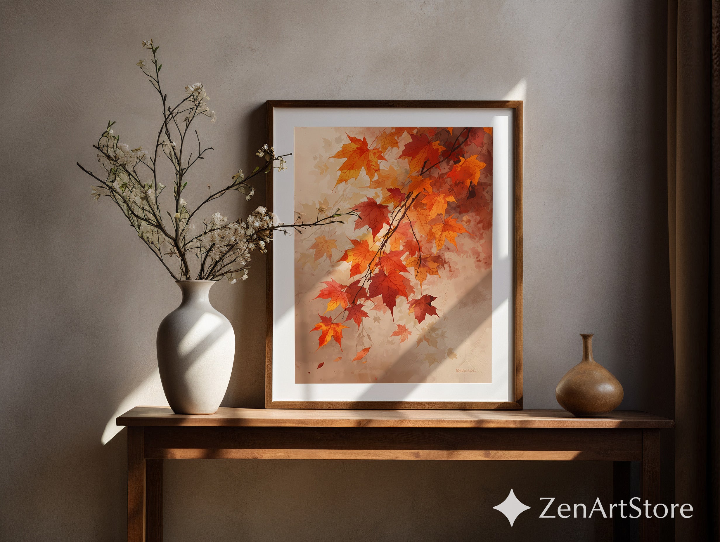 Autumn Maple Leaves Wall Art - Neutral Fall Print, Orange Brown Botanical Decor, Printable & Canvas