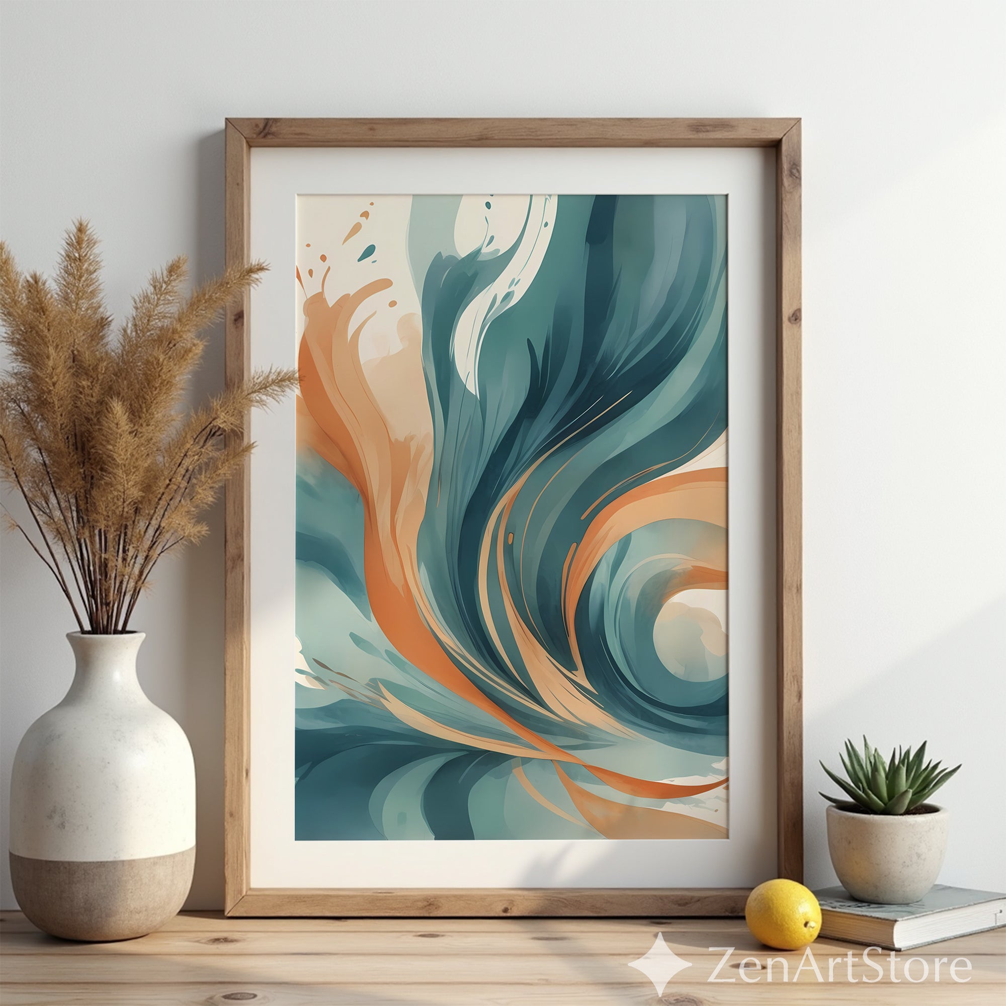 Abstract Teal & Terracotta Wall Art - Modern Minimalist Printable Canvas, Calm Japandi Living Room Decor