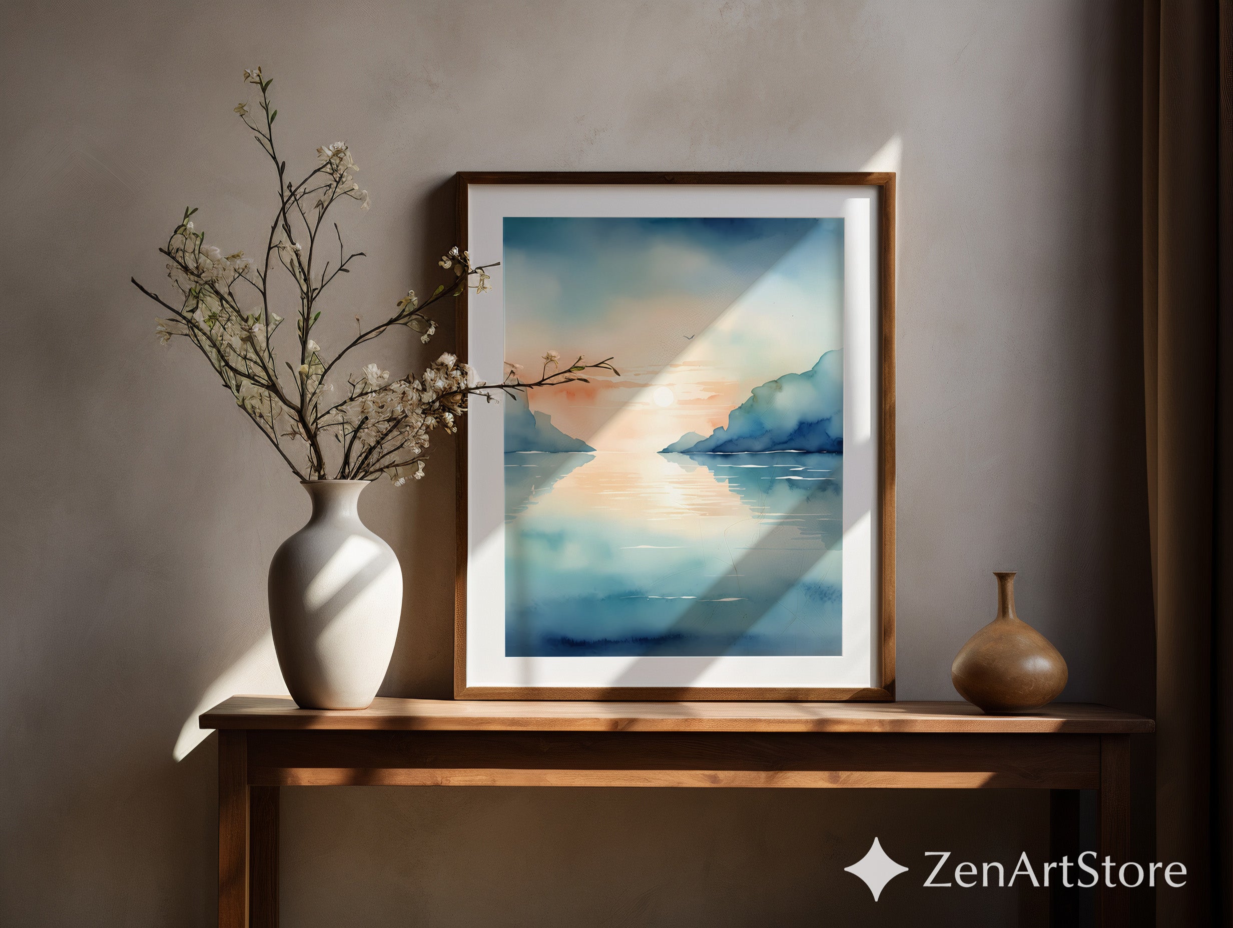 Calm Coastal Sunset Watercolor Print - Minimal Seascape Wall Art, Zen Japandi Blue Peach Ocean Landscape