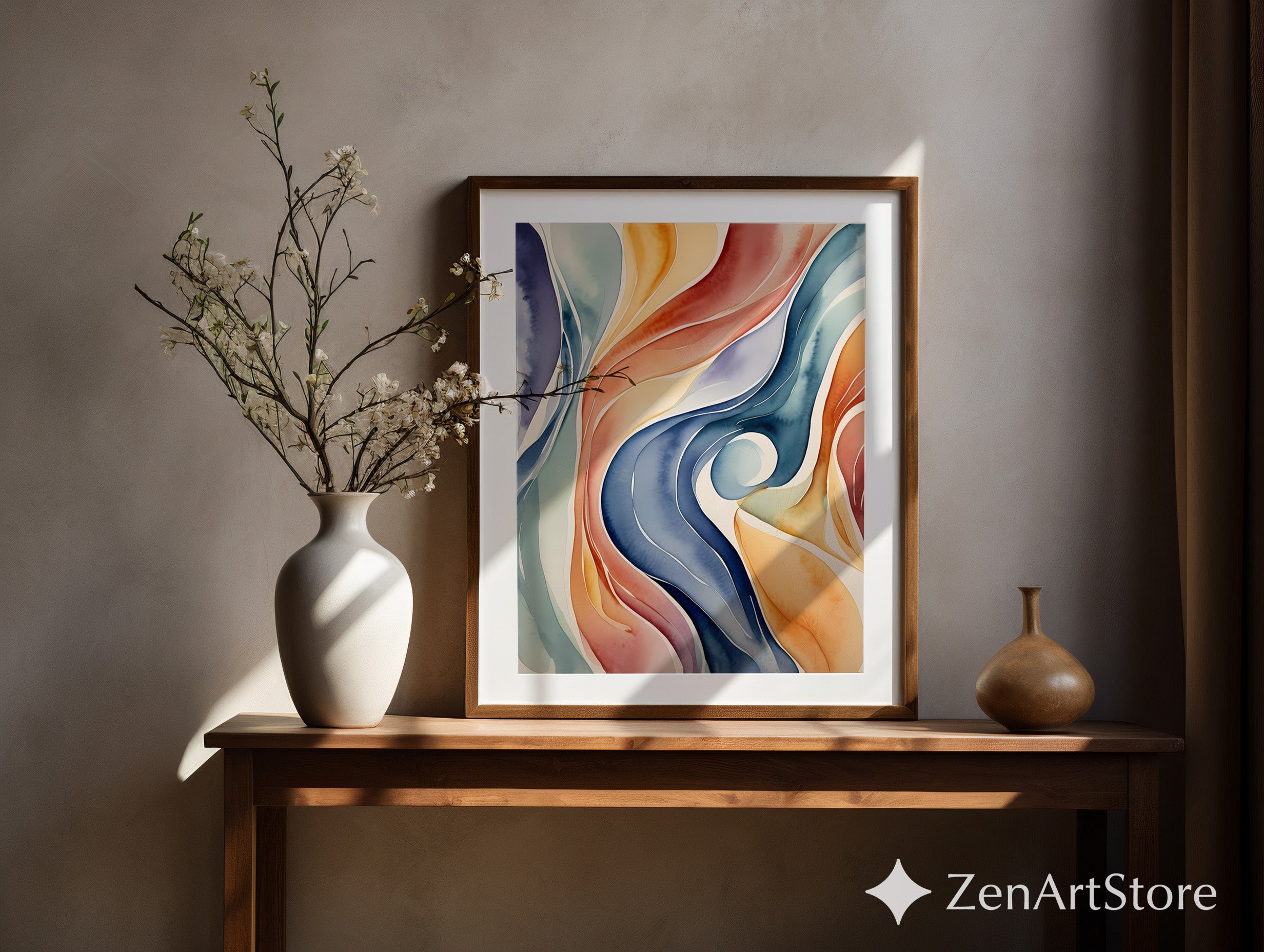 Fluid Watercolor Abstract Wall Art - Calming Organic Waves in Blue Coral Mustard - Modern Mid Century Boho Home Decor Print