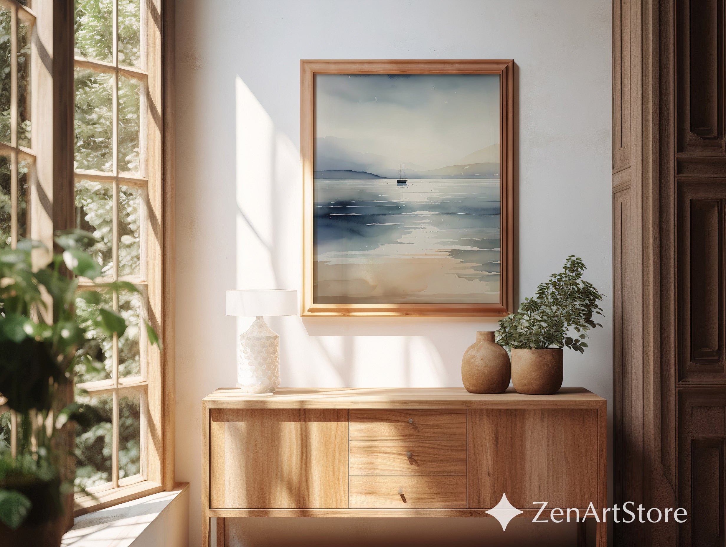 Minimal Watercolor Seascape Print with Lone Sailboat - Serene Neutral Coastal Wall Art for Living Room, Bedroom, Japandi Decor