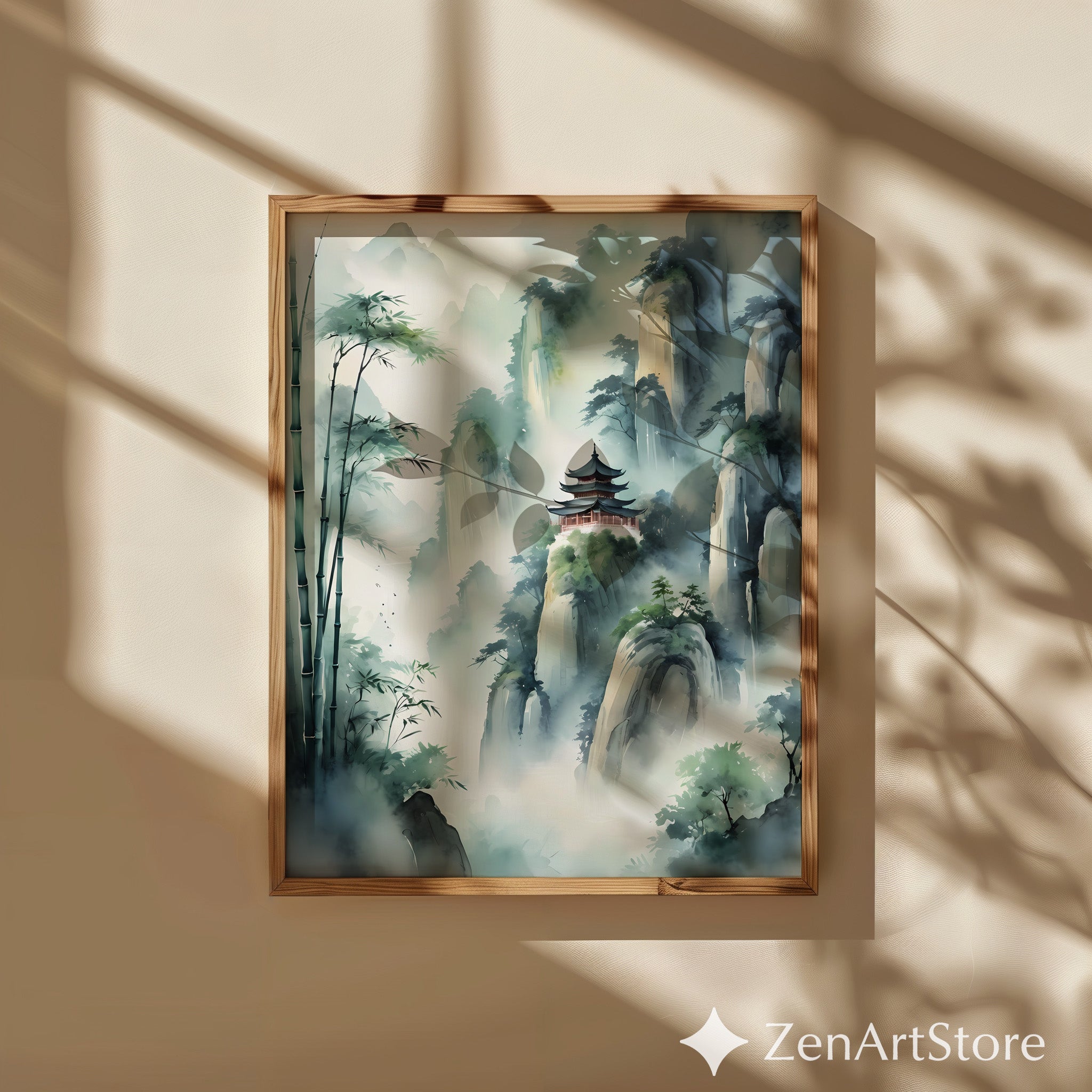 Misty Mountain Pagoda Art Print - Zen Chinese Landscape Watercolor, Bamboo Wall Art for Living Room, Japandi Minimalist Decor