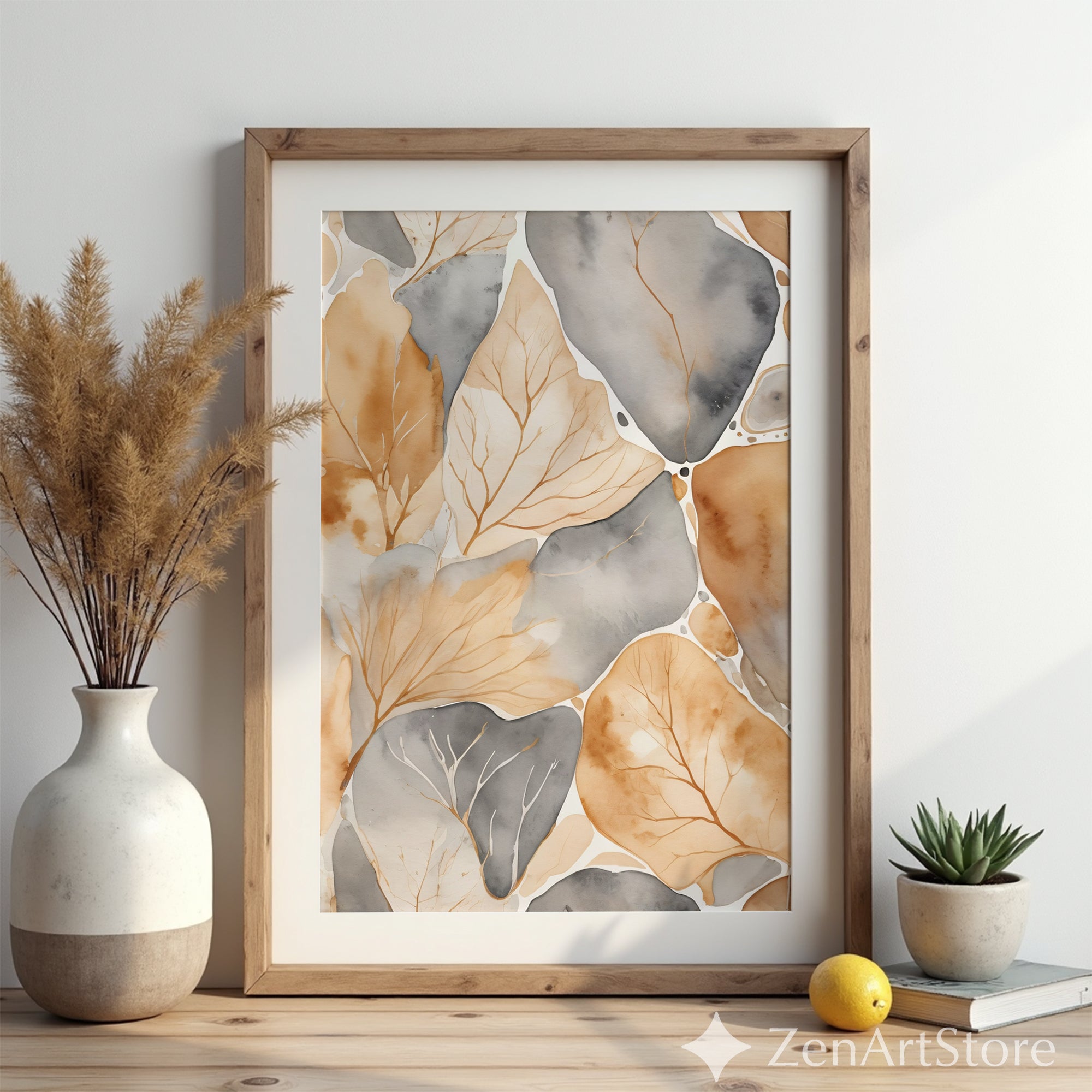 Neutral Botanical Watercolor Leaf Art Print - Beige Gray Abstract Wall Decor