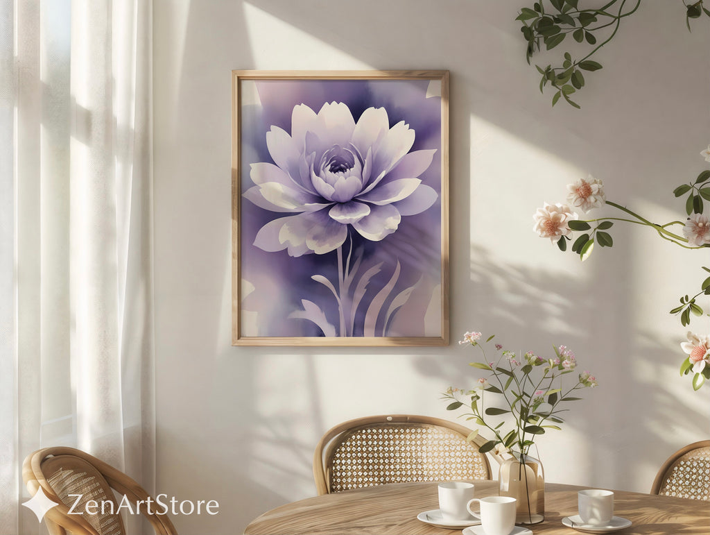 Lavender Floral Wall Art - Calming Purple Peony Print for Bedroom & Living Room - Minimal Zen Botanical Canvas, Japandi Decor