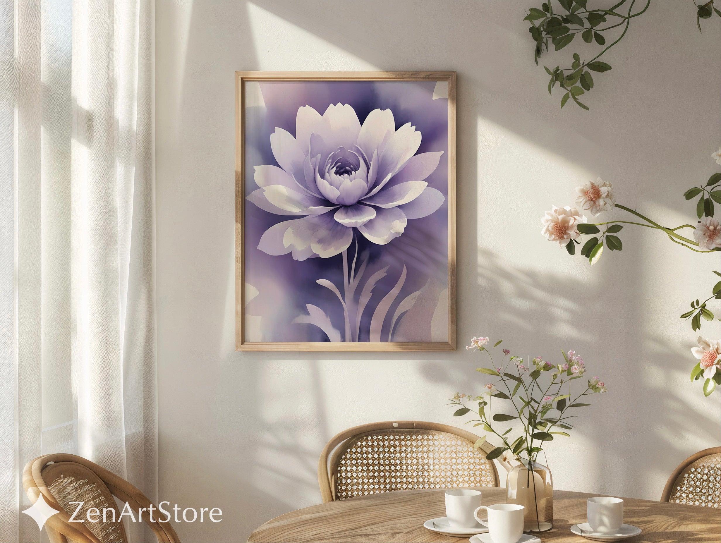 Lavender Floral Wall Art - Calming Purple Peony Print for Bedroom & Living Room - Minimal Zen Botanical Canvas, Japandi Decor
