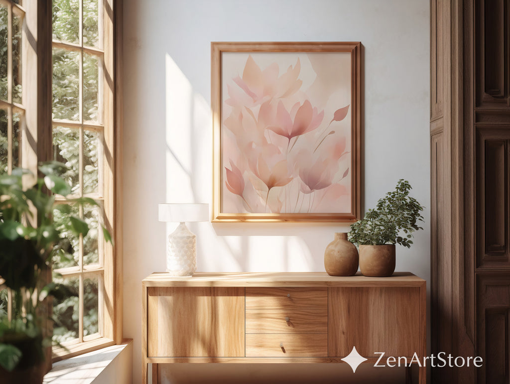 Blush Botanical Wall Art - Soft Pink Floral Abstract Print for Living Room Bedroom Nursery - Minimal Japandi Neutral Home Decor