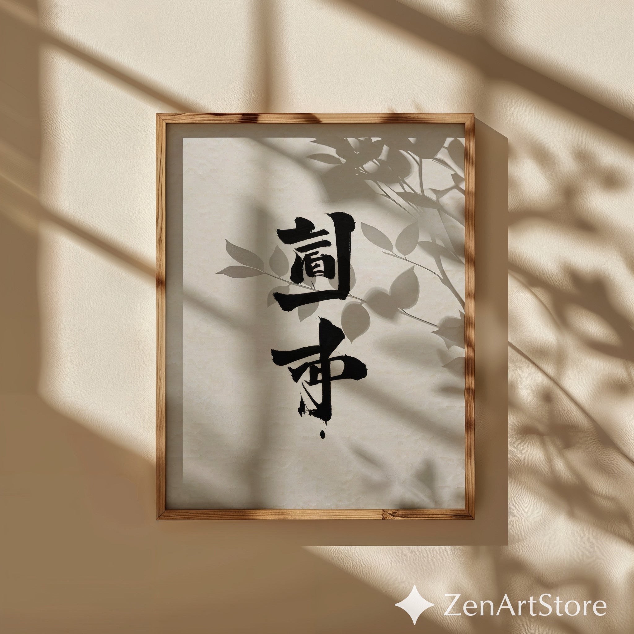 Minimal Japanese Calligraphy Wall Art Print | Zen Black Ink Kanji on Textured Beige Paper | Wabi-Sabi Japandi Neutral Home Decor