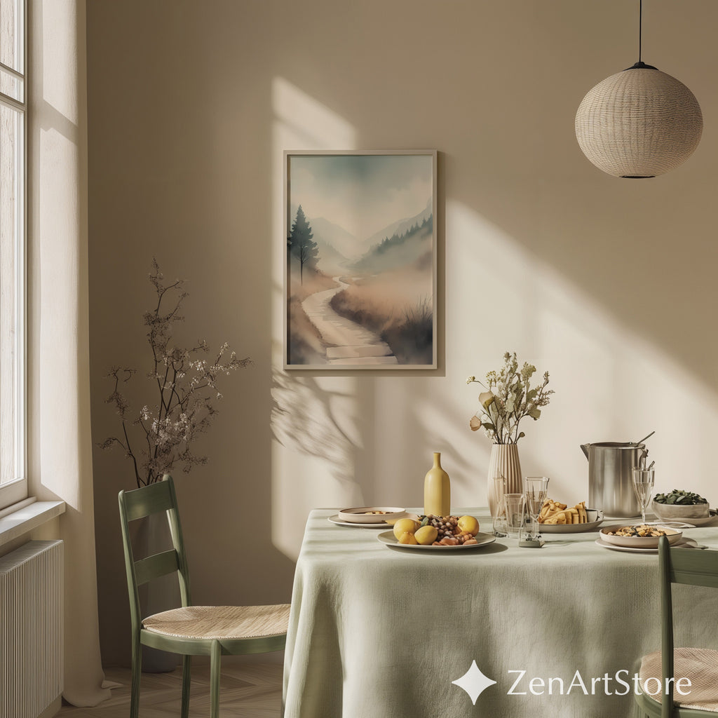 Misty Valley Path Print — Neutral Minimal Landscape Art for Japandi, Wabi Sabi Home Decor