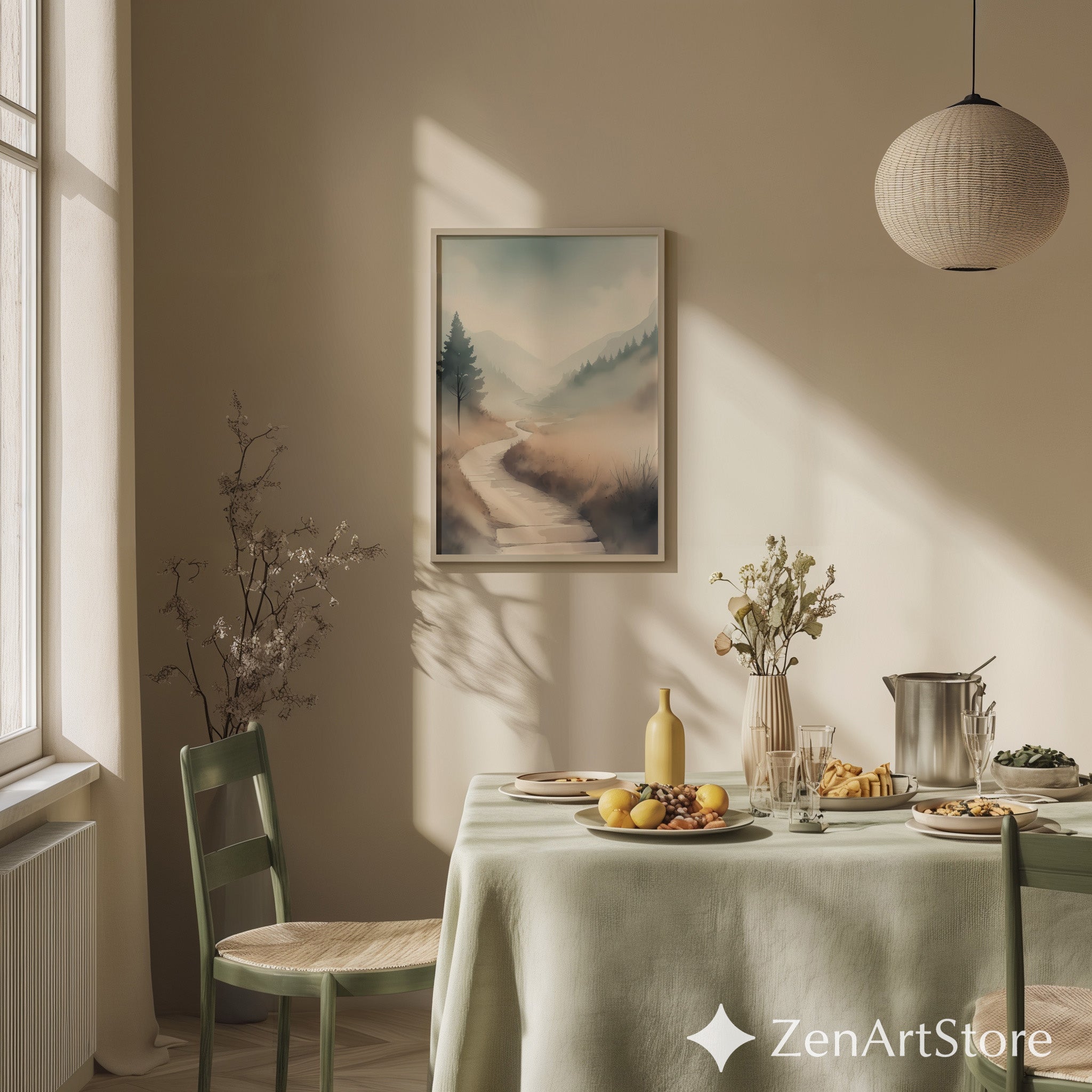 Misty Valley Path Print — Neutral Minimal Landscape Art for Japandi, Wabi Sabi Home Decor