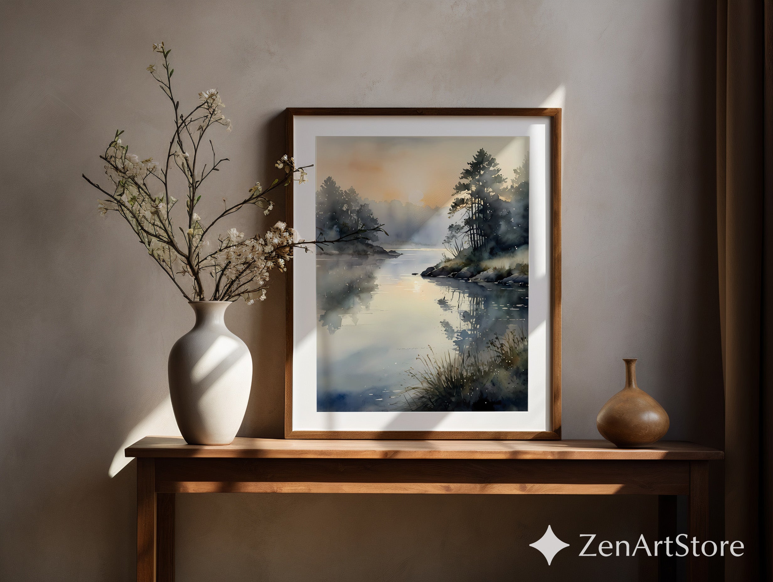 Misty Lake Sunrise Watercolor Print - Calm Neutral Landscape Wall Art for Living Room, Bedroom, Japandi Wabi Sabi Decor