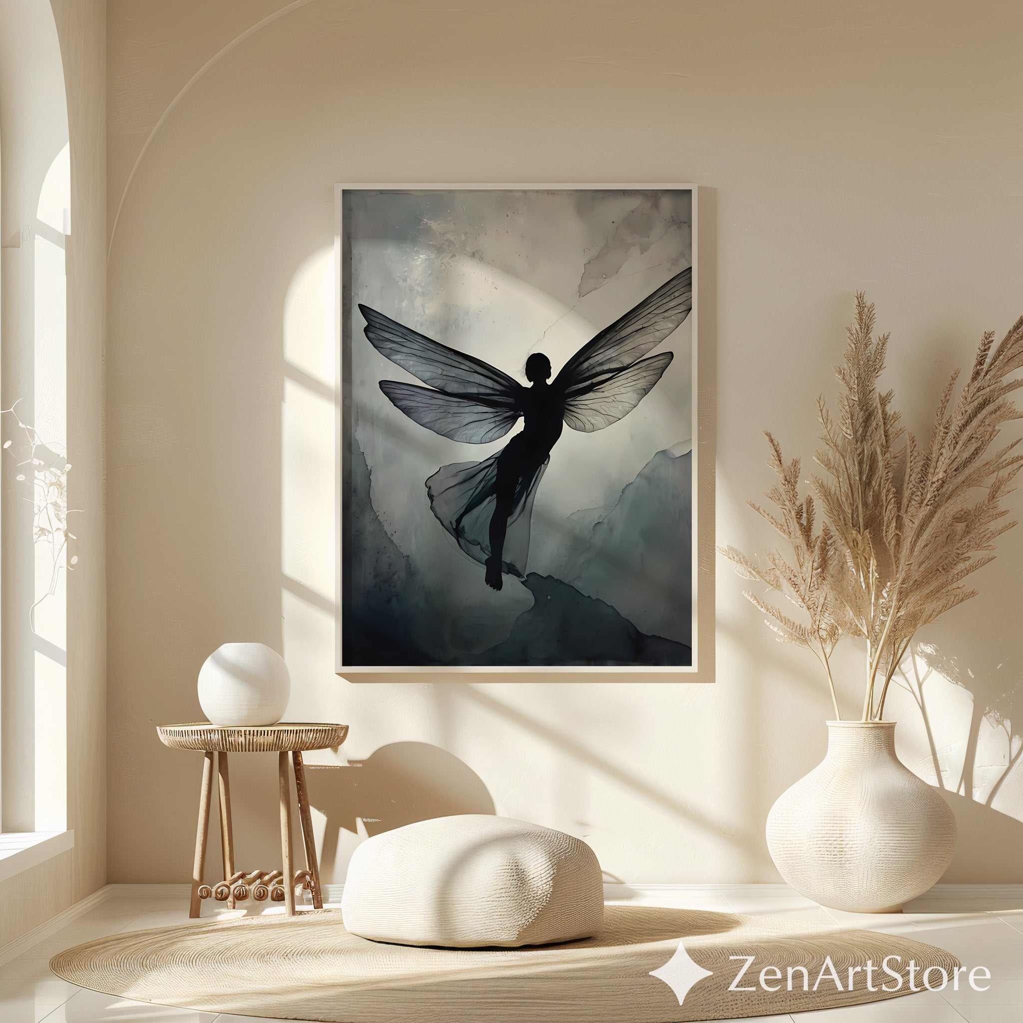 Ethereal Fairy Silhouette Wall Art - Minimal Neutral Wings Print for Japandi Wabi-Sabi Scandinavian Decor