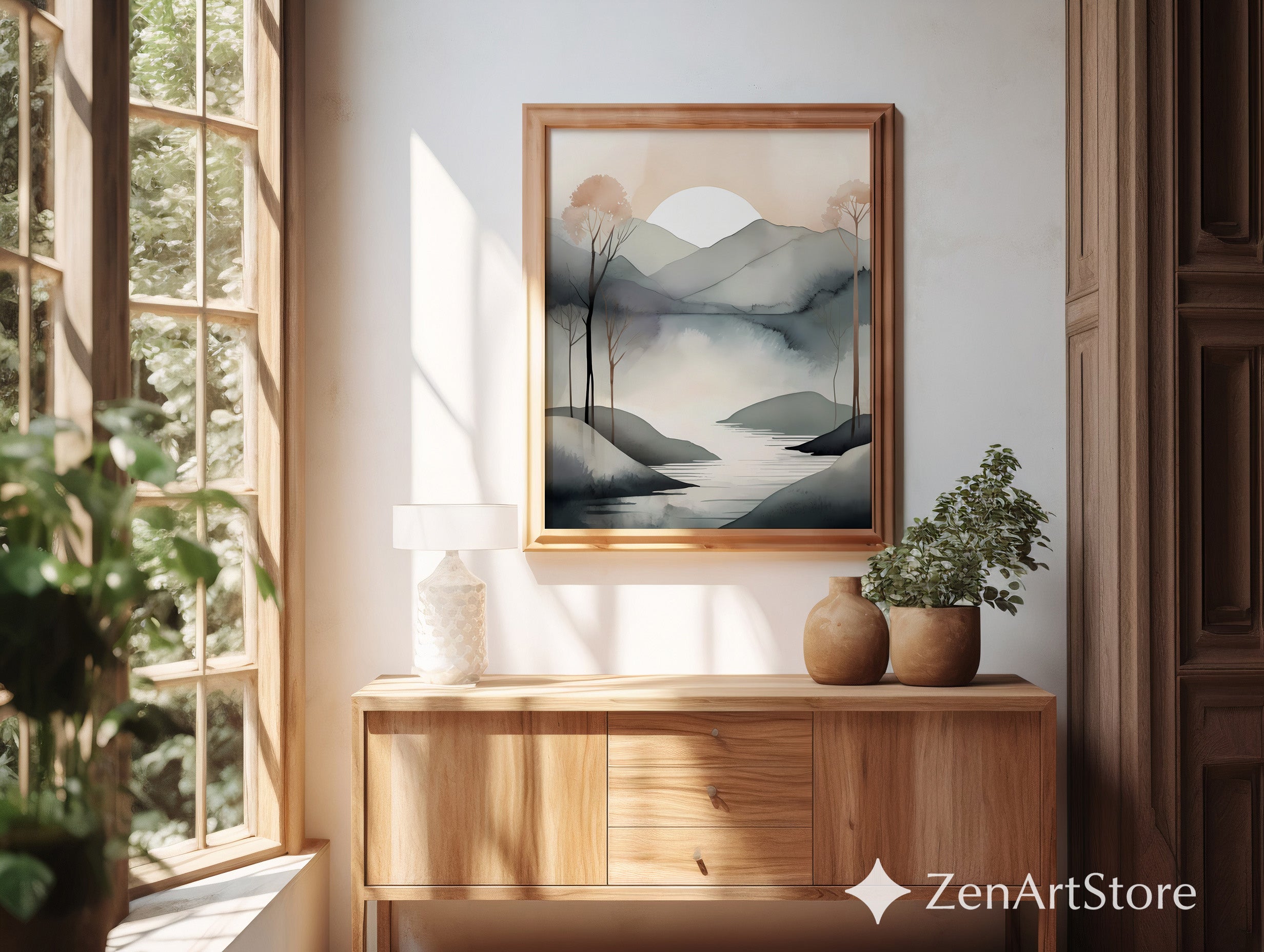 Serene Minimalist Landscape Wall Art - Neutral Watercolor Mountains & Lake - Japandi Wabi-Sabi Scandinavian Home Decor Print